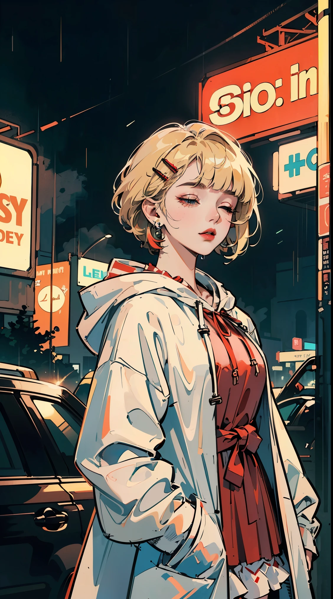 ((((frills,big black hoodie that covers the eyes,heavy rain,))))((put one's hand in one's pocket,))(masterpiece illustration,beautiful and aesthetic:1.2,To the audience), highest quality,highest quality, spectacular quality,((((Rainy night in neon-lit cyberpunk city,outdoor,))))(moonlight,moon glare, god's light,At night,upper upper shot,focus on face,))handsome face,,mature,beautiful fine hair,blonde hair,hyper hd, retina, rough skin, High resolution, 16k ,((hair clip,steep bangs,side lock,short hair,Put a ribbon on the hair)),detailed face, 1JK, lady,alone, perfect face, very nice girl,((,puff sleeves,white coat with red stripes,big cloak,metal earrings,spiral earrings)),rim light