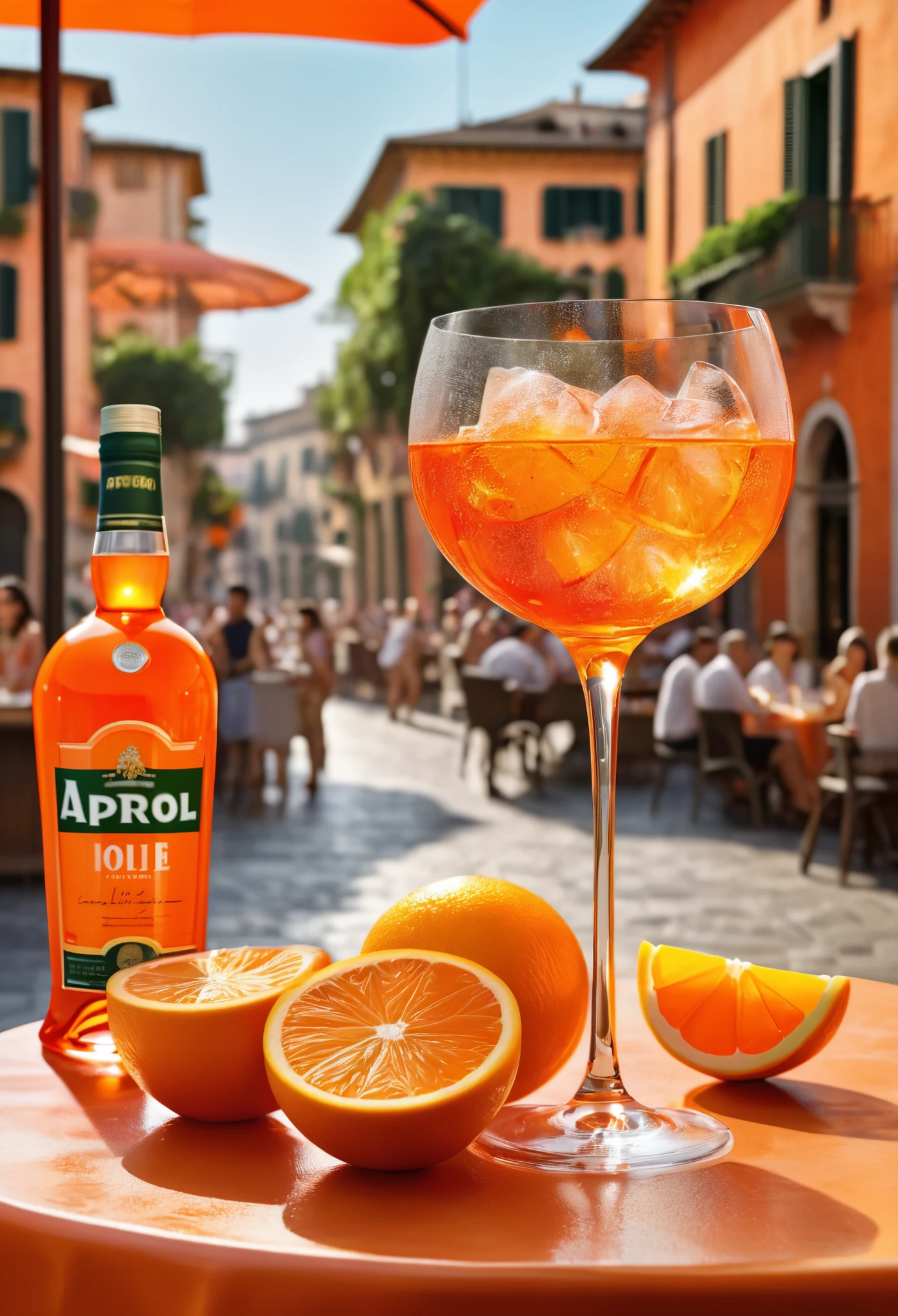 High-quality, realistic advertisement  showcases an enticing Aperol Spritz in a wine glass, bubbling with lively effervescence. The signature orange hue of the drink radiates warmth and allure, adorned with a fresh orange slice. Set against the backdrop of a sun-drenched Italian piazza,  essence of summer, with locals and tourists, outdoor, holiday ambiance.  The text "Embrace La Dolce Vita with Our Aperol Spritz" is displayed in an energetic, welcoming font.  Italian culture and the refreshing taste of an Aperol Spritz.