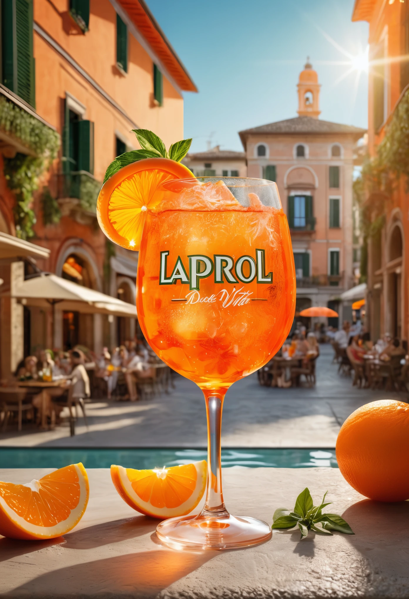 High-quality, realistic advertisement showcases an enticing Aperol Spritz in a wine glass, bubbling with lively effervescence. The signature orange hue of the drink radiates warmth and allure, adorned with a fresh orange slice. Set against the backdrop of a sun-drenched Italian piazza, essence of summer, with locals and tourists, outdoor, holiday ambiance. The text "Embrace La Dolce Vita with Our Aperol Spritz" is displayed in an energetic, welcoming font. Italian culture and the refreshing taste of an Aperol Spritz.