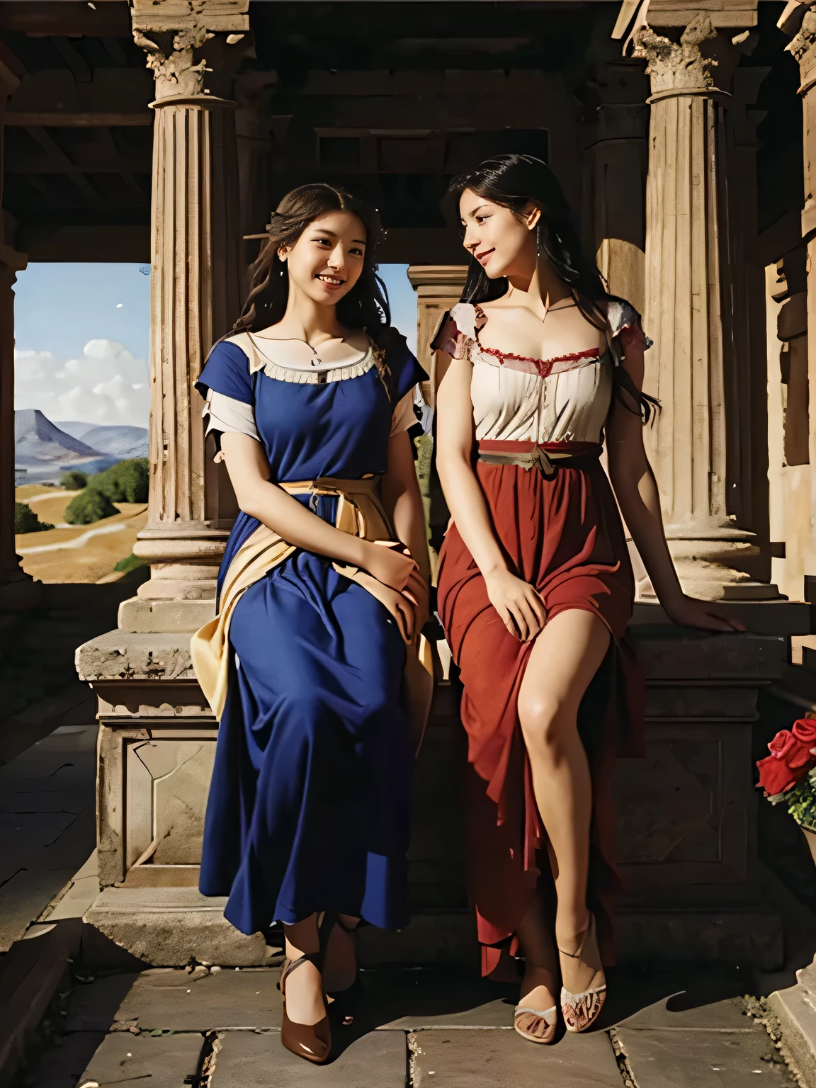 (Positive focus),2girls,duo,navel,(on the Colosseum of Rome,crowd,winter,Snowy),Surrealistic Female Portraits by David Hockney and Alphonse Mucha,Fantasy art,photograph realistic, Dynamic lighting,art stations,poster for,Volumetriclighting,Very detailed faces,4K,Award-Awarded,Fantastic costumes,Deep shadows,low tune,cowboy lens, (official outfit:1.4), looking at the camera in, Half-body shot,((Realistic face))),