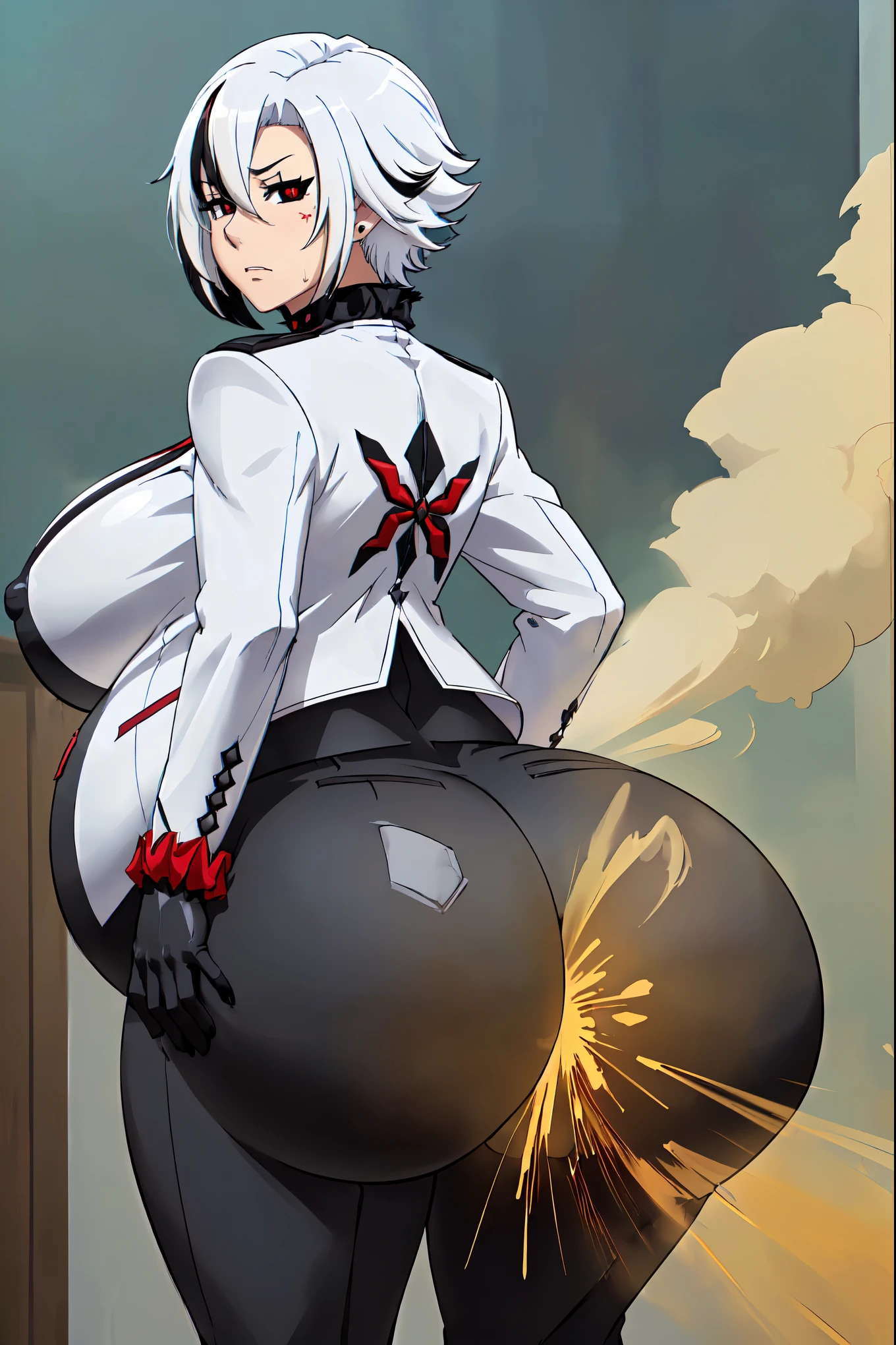 (top-quality, in 8K, 32K, masterpiece, A high resolution, Impressionism, Photorealsitic:1.2), (((((anime style))))), (((((detailed faces and eyes, beautiful face, black eyes, red x-shaped pupils, cold expression))))), (((Masterpiece, 1 mature female, solo, Arlecchino, white and grey jacket with long sleeves, black trousers, high collar, formal suit, white hair with black streaks, black gloves))), Cinematic, (((( big belly, massive breast, massive ass)))) 4k, fantasy world ((((fart, farting, massive fart, back view)))),(((pain expression)))