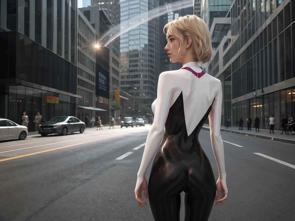 axisymmetric composition,anatomy correct, 1girl, gwen stacy，solo，shiny_astride ,back view，look back，beauitful ，Model figure,Slim,mature, 8K, Best quality, Masterpiece, Psychedelic background，Sharp images, edge lights, 3D render