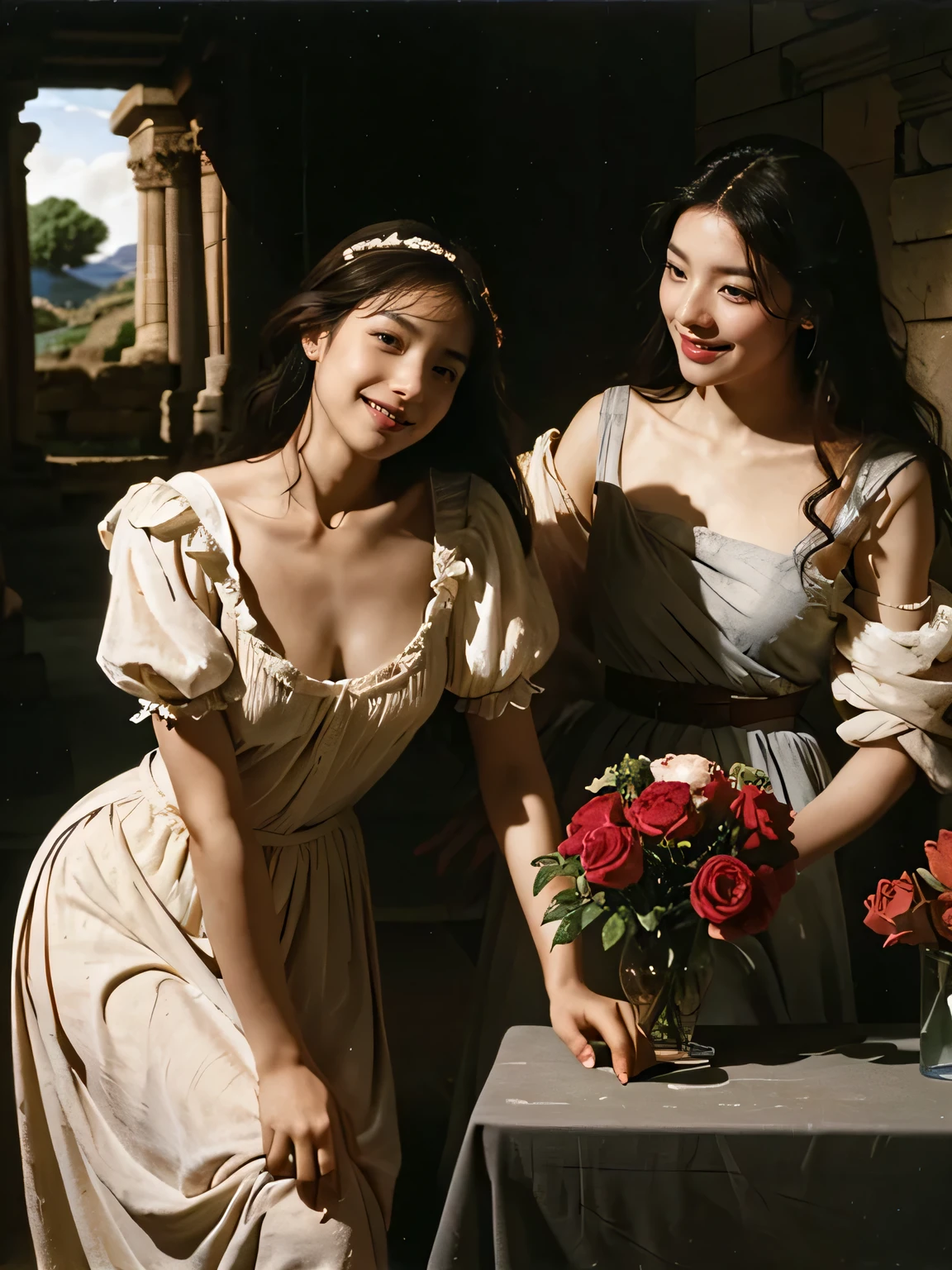 full body portrait or statue、Giorgione painting style,Arguments of two female Philosophe,math、astronomical machine、astronaut、roses in vase、fruits、Cute trinkets、smile、ancient greek costume、Ancient Roman landscape in the style of Nicolas Poussin,laughter,,Sweet and seductive appearance.、Caravaggio's paintings、Chiaroscuro of Caravaggio、hair tousled by the wind,Two women frolicking,cute smile, expression of ecstasy,Sexy,erotic