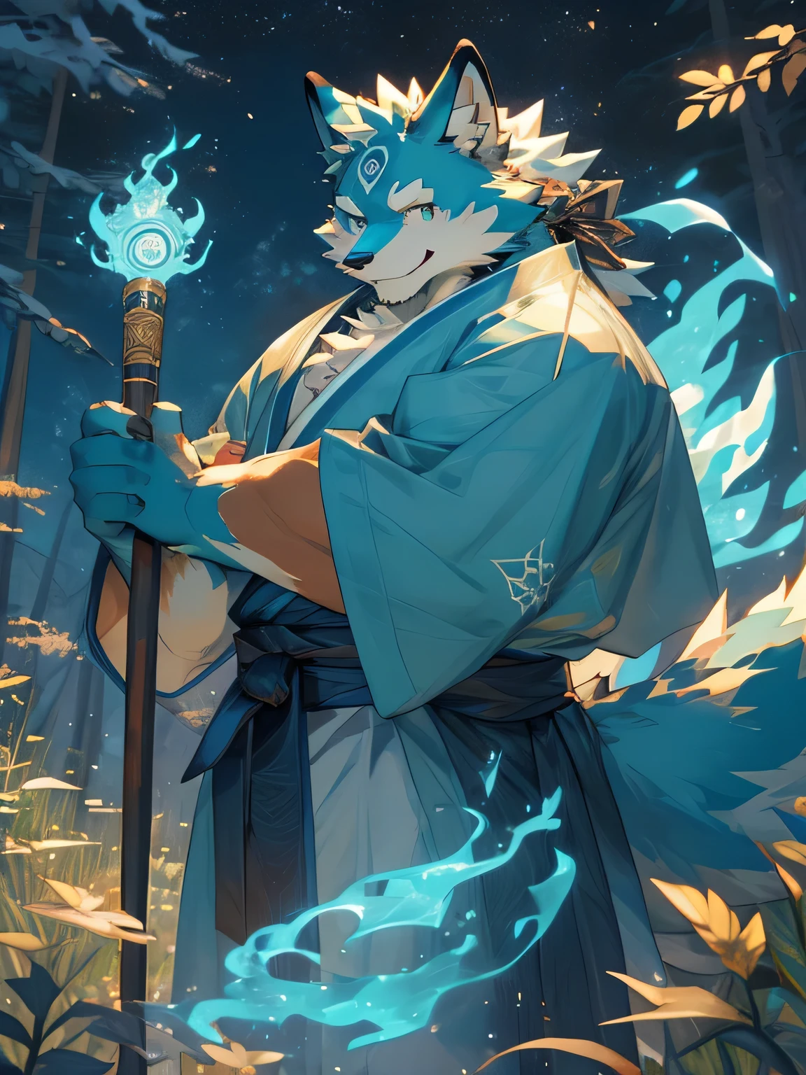 (Masterpiece), very detailed, 8k, (best quality), male, little fox, ((cyan fur)), petite and cute, ((holding Dharma staff)), white Taoist robe,(with a spirit beast by his side), martial arts style, sweet smile, forest in the background