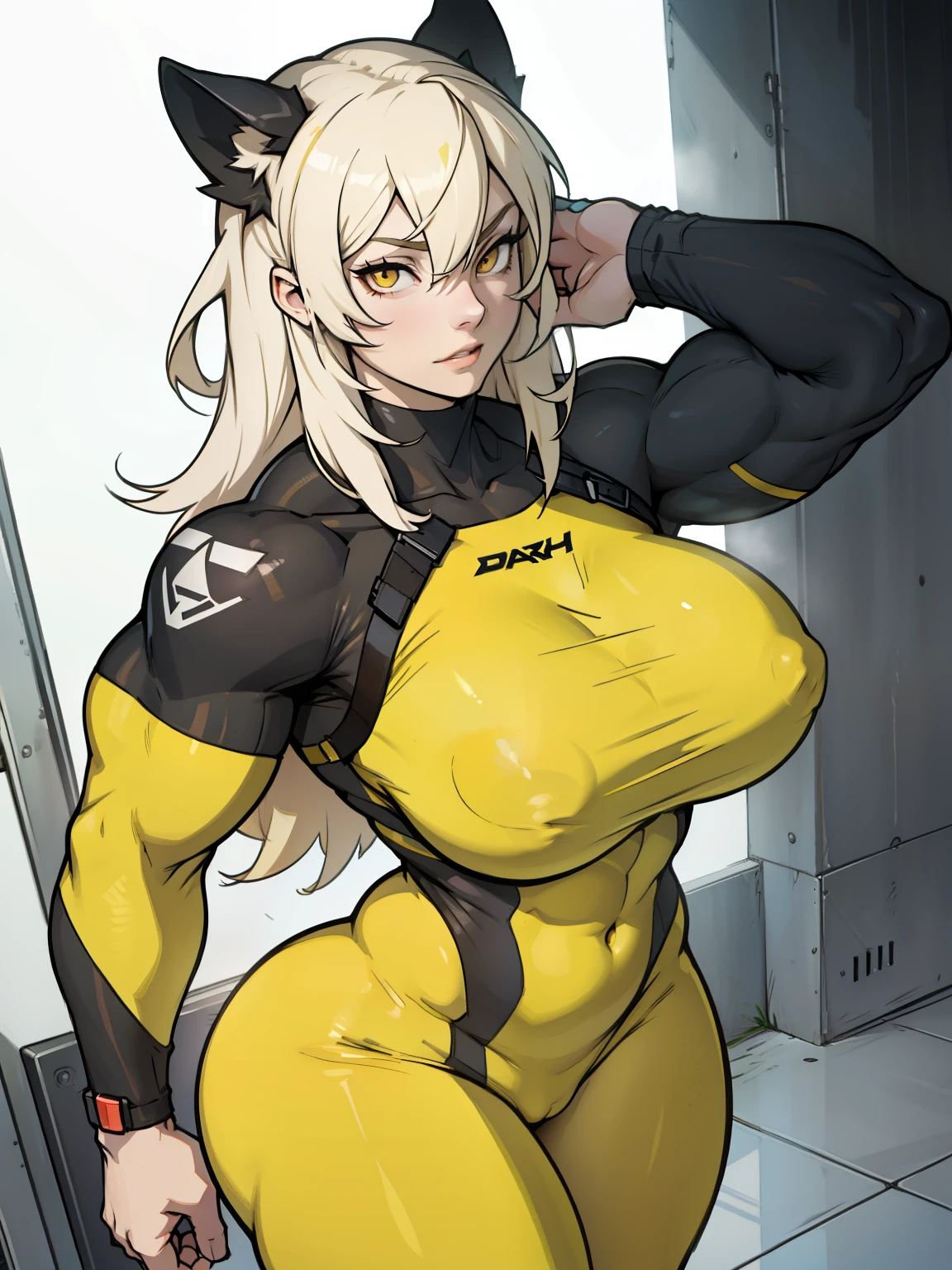 (1 girl muscular) yellow eyes large breasts pale skin skintight thick