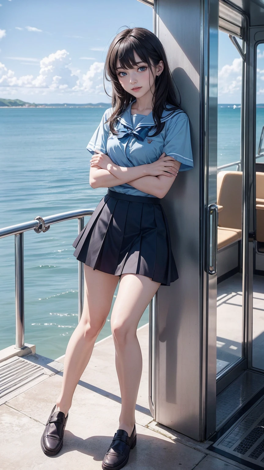 ((最high quality, 8K, masterpiece: 1.3, Ultra HD, high quality, 最high quality, High resolution, realism)) 、An extremely beautiful 18-year-old Japanese woman、hair color is black、black eye、medium hair、straight hair、smile、Slender but well-proportioned muscular body、Athlete-like body type、I don't want my head to disappear from the screen.、sit on a high breakwater on the beach、The blue sky is beautiful、There is an entrance cloud、It's summer、I'm wearing a sailor suit、Wear a navy blue pleated skirt、wear loafers、There is a road in front of the breakwater、There is a sign indicating the bus stop.、The sea is beautiful、The horizon looks beautiful、An island can be seen off the coast、on the embankment((Dr.Slump Arale-chan))Run sharply