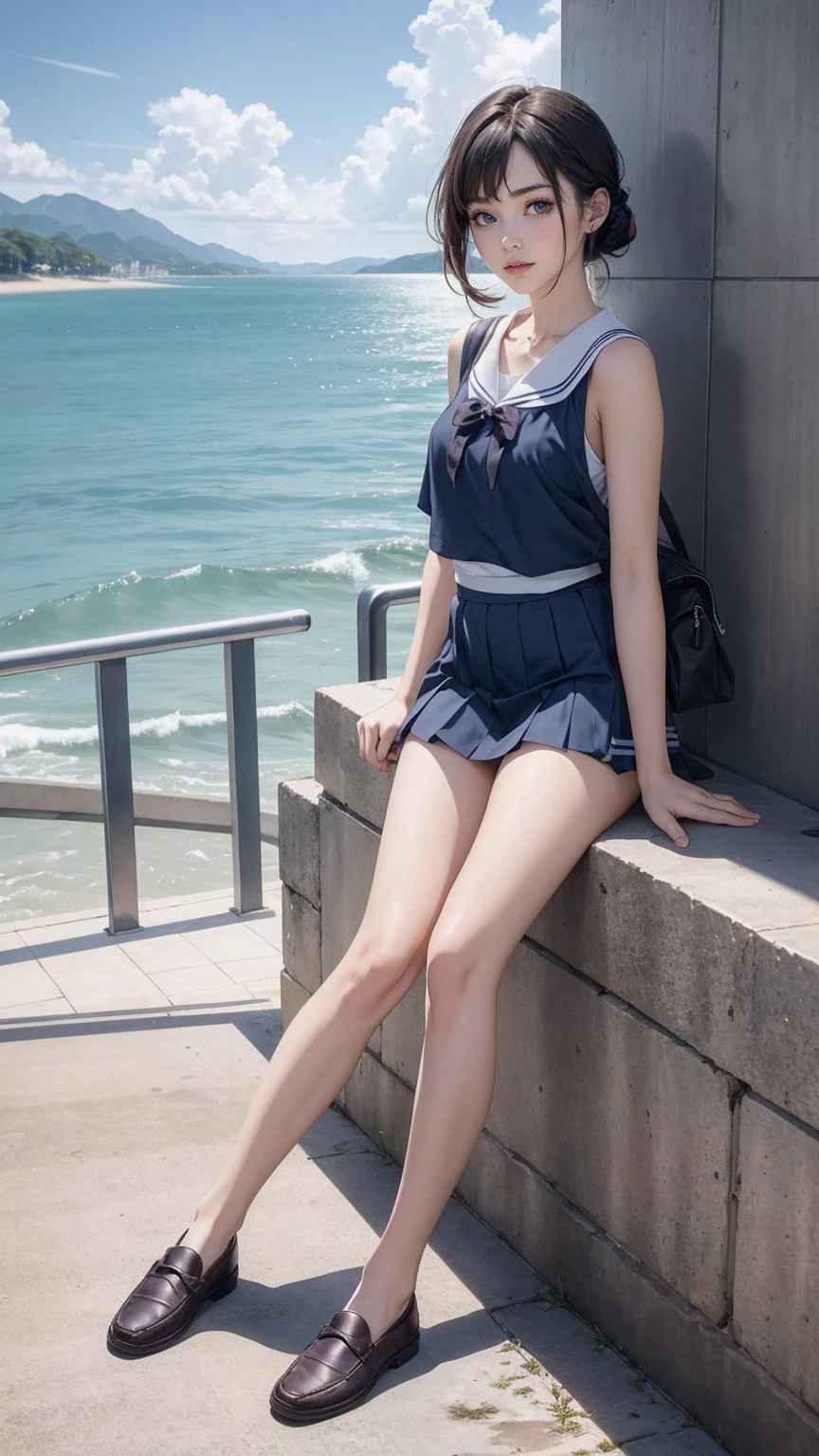((最high quality, 8K, masterpiece: 1.3, Ultra HD, high quality, 最high quality, High resolution, realism)) 、An extremely beautiful 18-year-old Japanese woman、hair color is black、black eye、medium hair、straight hair、smile、Slender but well-proportioned muscular body、Athlete-like body type、I don&#39;t want my head to disappear from the screen.、sit on a high breakwater on the beach、The blue sky is beautiful、There is an entrance cloud、It&#39;s summer、I'm wearing a sailor suit、Wear a navy blue pleated skirt、wear loafers、There is a road in front of the breakwater、There is a sign indicating the bus stop.、The sea is beautiful、The horizon looks beautiful、An island can be seen off the coast、on the embankment((Dr.Slump Arale-chan))Run sharply