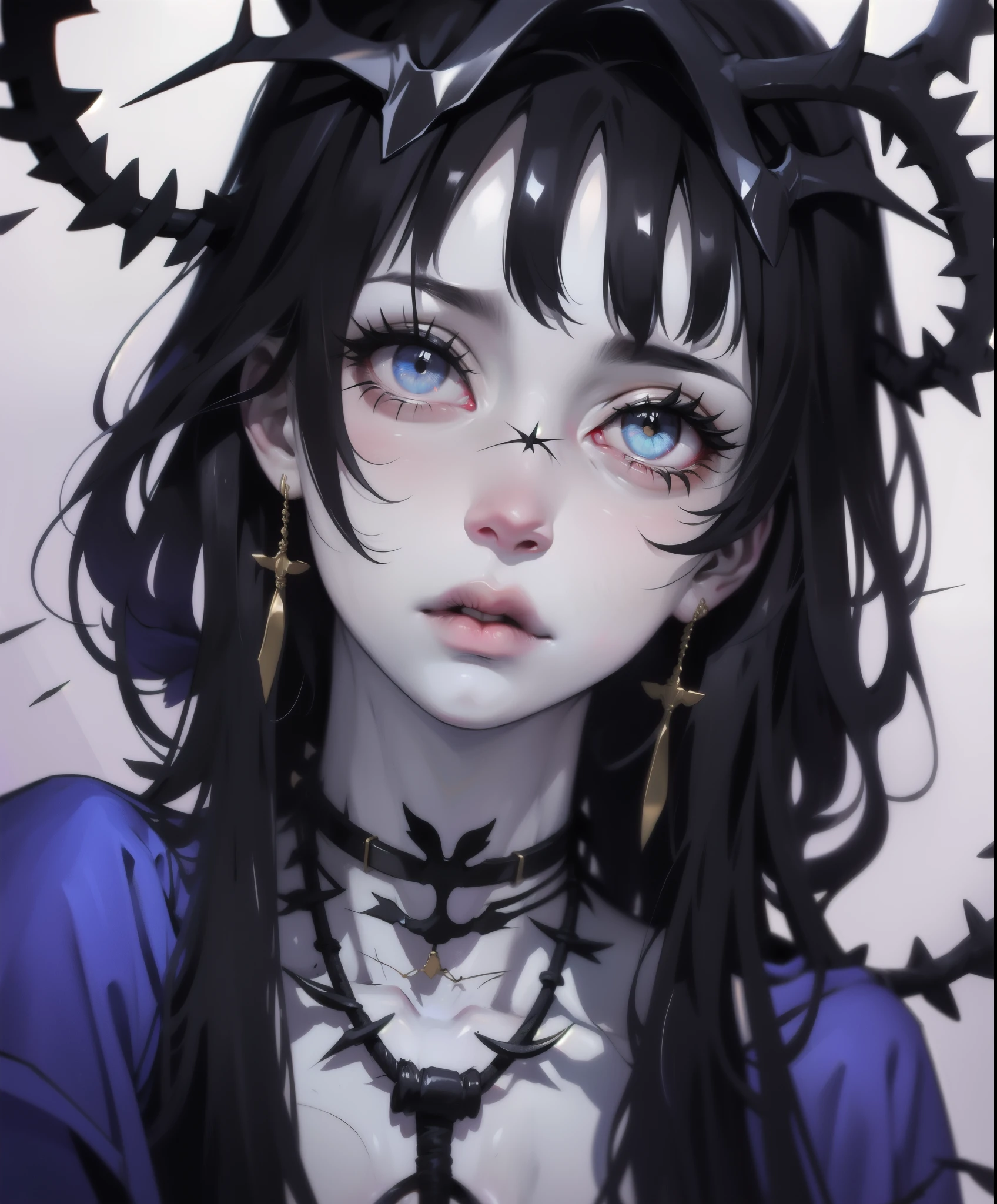 Hermosa joven de pelo blanco con penetrantes ojos rojo y azul, media sonrisa con labios carnosos, black nails, barbed wires everywhere(coiled black barbed wires),read eyes,blue eyes, (ojos diferentes), (heterochromia)