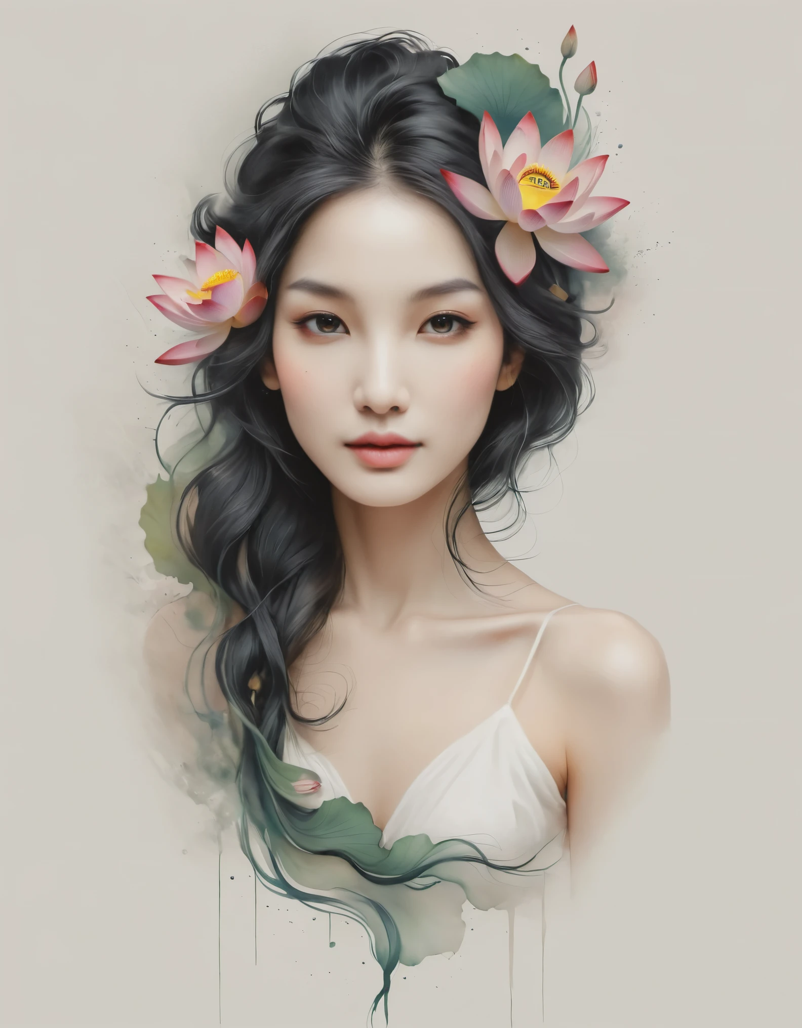 modern minimalist art，（Close-up of a woman with lotus tattoo on her neck）,This woman has a delicate and charming face，long black hair，（Clear lotus tattoo on neck：1.3），Flowing hair vignette，fair face，Foxy, slender, beautiful eyes， elegant digital art, Beautiful digital illustrations, beautiful figure painting, 