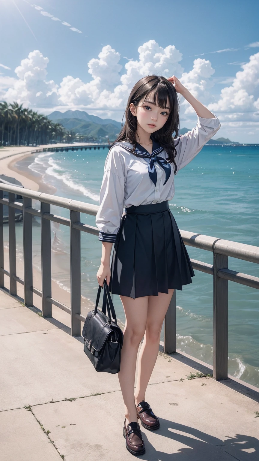 ((最high quality, 8K, masterpiece: 1.3, Ultra HD, high quality, 最high quality, High resolution, realism)) 、An extremely beautiful 18-year-old Japanese woman、hair color is black、black eye、medium hair、straight hair、smile、Slender but well-proportioned muscular body、Athlete-like body type、I don&#39;t want my head to disappear from the screen.、sit on a high breakwater on the beach、The blue sky is beautiful、There is an entrance cloud、It&#39;s summer、I'm wearing a sailor suit、Wear a navy blue pleated skirt、wear loafers、There is a road in front of the breakwater、There is a sign indicating the bus stop.、The sea is beautiful、The horizon looks beautiful、An island can be seen off the coast、on the embankment((Dr.Slump Arale-chan))Run sharply
