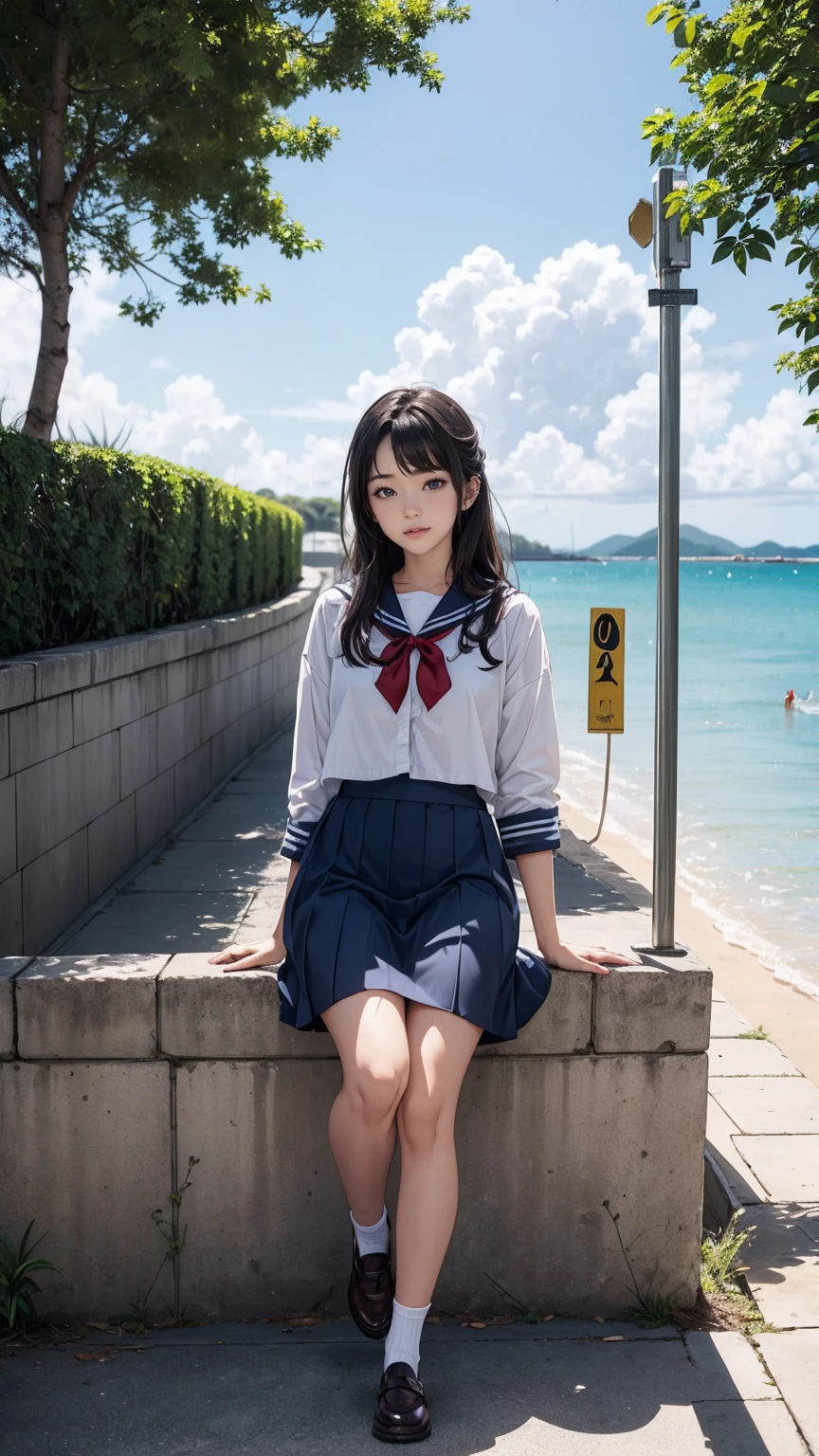 ((最high quality, 8K, masterpiece: 1.3, Ultra HD, high quality, 最high quality, High resolution, realism)) 、A beautiful 18-year-old white woman、髪colorはプラチナブロンド、color、blue eyeedium hair、straight hair、smile、Slender but well-proportioned muscular body、Athlete-like body type、I don't want my head to disappear from the screen.、Walk on a high seawall at the beach、I put my hand on my forehead and look at the sea、The blue sky is beautiful、There is an entrance cloud、It's summer、sailor suit((summer clothes))wear、紺colorのプリーチスカート履く、wear loafers、There is a bus stop that looks like a hut on the coastline road where you can see the ocean.、Sit on a bench at the bus stop、The sea breeze feels good