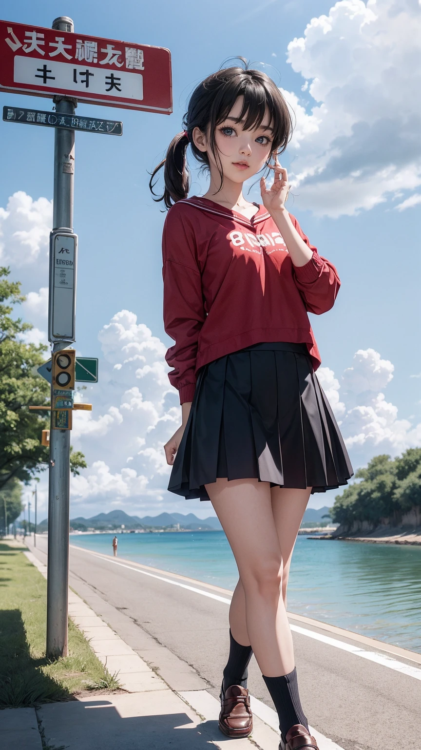 ((最high quality, 8K, masterpiece: 1.3, Ultra HD, high quality, 最high quality, High resolution, realism)) 、An extremely beautiful 18-year-old Japanese woman、hair color is black、black eye、medium hair、straight hair、smile、Slender but well-proportioned muscular body、Athlete-like body type、I don't want my head to disappear from the screen.、sit on a high breakwater on the beach、The blue sky is beautiful、There is an entrance cloud、It's summer、I'm wearing a sailor suit、Wear a navy blue pleated skirt、wear loafers、There is a road in front of the breakwater、There is a sign indicating the bus stop.、The sea is beautiful、The horizon looks beautiful、An island can be seen off the coast、on the embankment((Dr.Slump Arale-chan))Run sharply