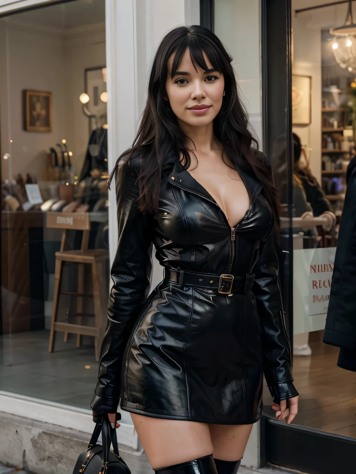 shy smiling Bettie Page detailed freckles, blue eyes, very slim, very short, making love inside a sexy shop, witha black man, modeling, wearing turtleneck, soft gloves,black trench coat,maxy skirt, scarf, The image, realistic hyper-detailed photo captured in stunning Ultra HD, 8k resolution, Nikon D850, — style raw — c 10 — ar 2:3 — s 250V