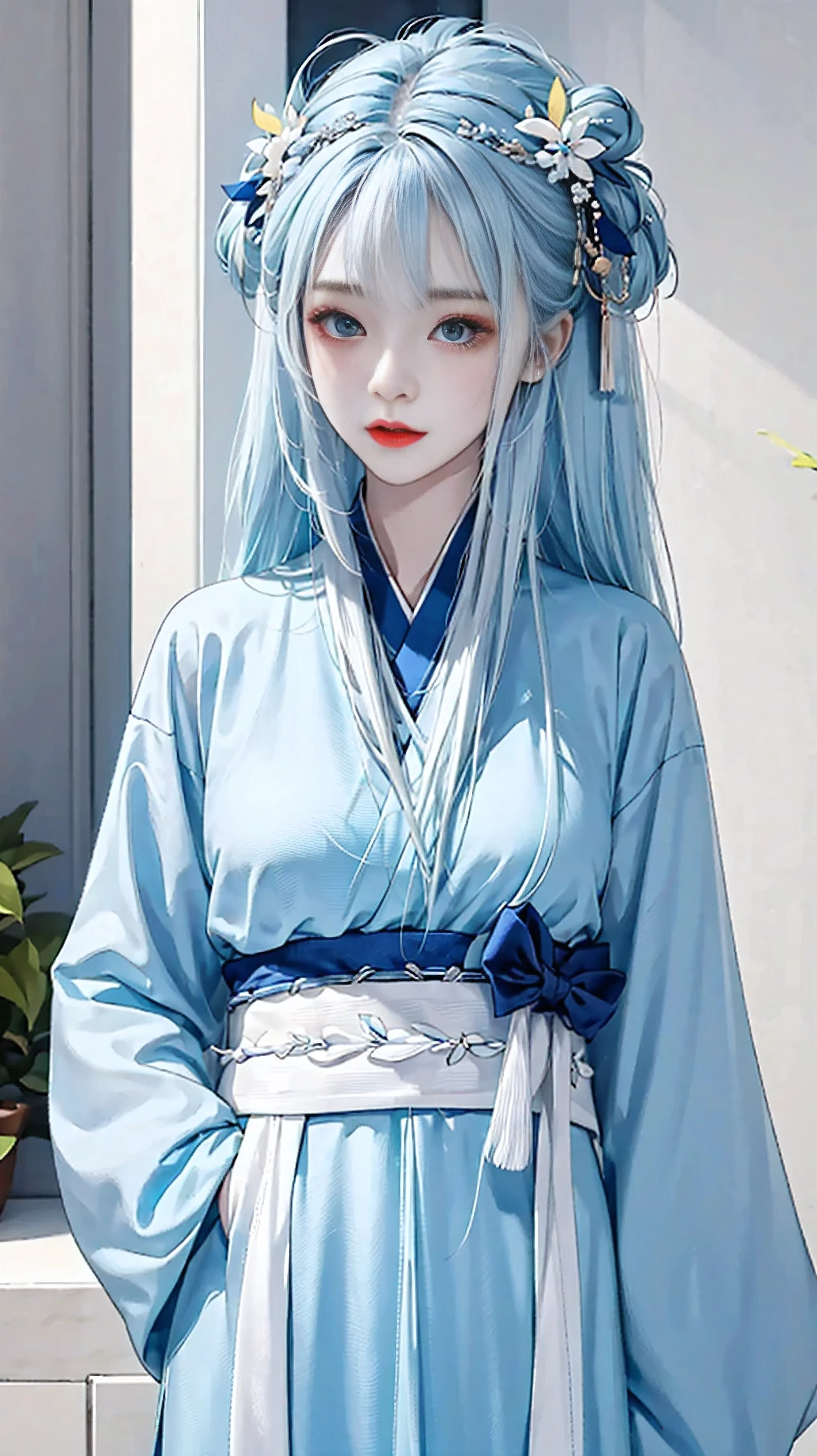 1个Giant Breast Girl,hanfu,hair length,(white skinned:1.2),(silver blue hair),Colored inner hair,full-body shot