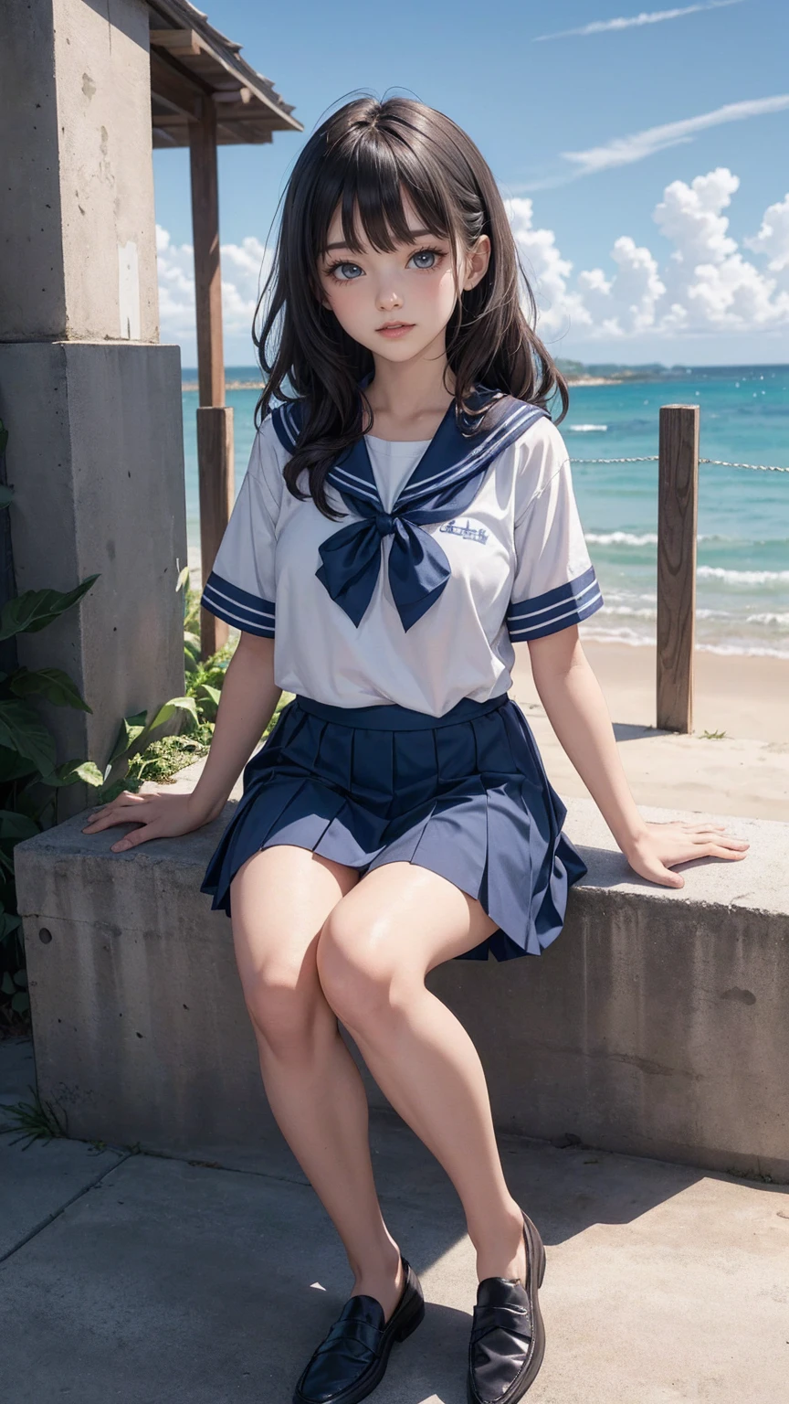 ((最high quality, 8K, masterpiece: 1.3, Ultra HD, high quality, 最high quality, High resolution, realism)) 、An extremely beautiful 18-year-old Japanese woman、hair color is black、black eye、medium hair、straight hair、smile、Slender but well-proportioned muscular body、Athlete-like body type、I don&#39;t want my head to disappear from the screen.、sit on a high breakwater on the beach、The blue sky is beautiful、There is an entrance cloud、It&#39;s summer、I'm wearing a sailor suit、Wear a navy blue pleated skirt、wear loafers、There is a road in front of the breakwater、There is a sign indicating the bus stop.、The sea is beautiful、The horizon looks beautiful、An island can be seen off the coast、on the embankment((Dr.Slump Arale-chan))Run sharply