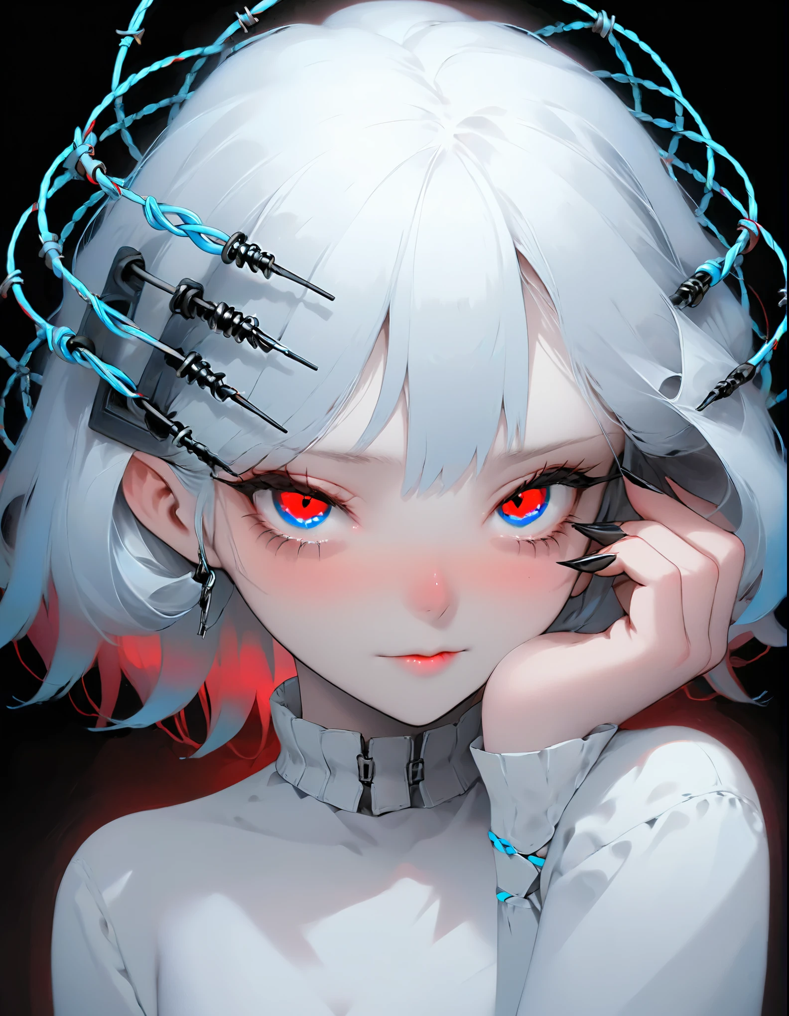 Hermosa joven de pelo blanco con penetrantes ojos rojo y azul, media sonrisa con labios carnosos, black nails, barbed wires everywhere(coiled black barbed wires),read eyes,blue eyes, (ojos diferentes), (heterochromia)