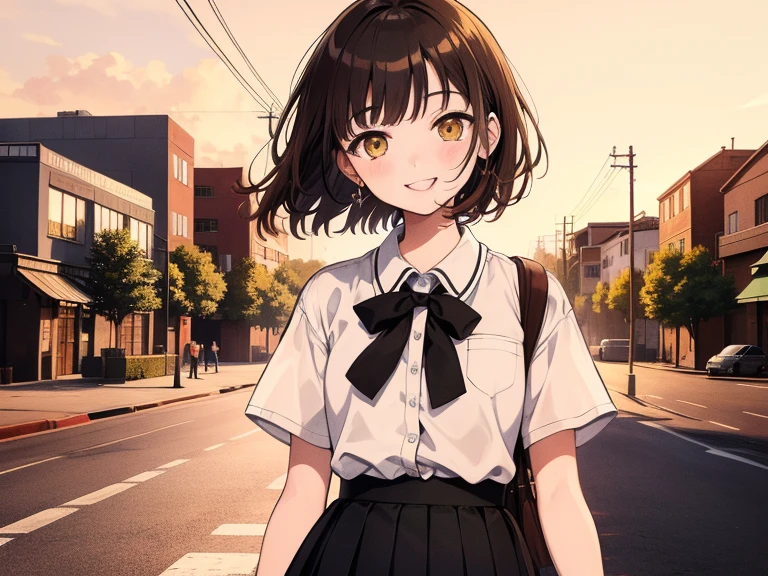 ((((very smiling)))),(((Long shot, taken from the front, 1 girl, white , black skirt, short bob, brown hair, golden eyes, 14 years old, short height, city girl))), ((On the way home from school)), ((Uniform)), (Masterpiece), (High resolution), (Top quality), (Super delicate), ((Line drawing manga style)), Wallpaper, Manga style illustration, Painting style, heartwarming synopsis, ((youth)), (((student))), (unique atmosphere), unique world view, unique atmosphere, school life, youth town, (masterpiece), (high resolution), (highest quality), (super delicate), line drawing manga style, comic style illustration, how to draw, warm outline color, (clear), (obvious)