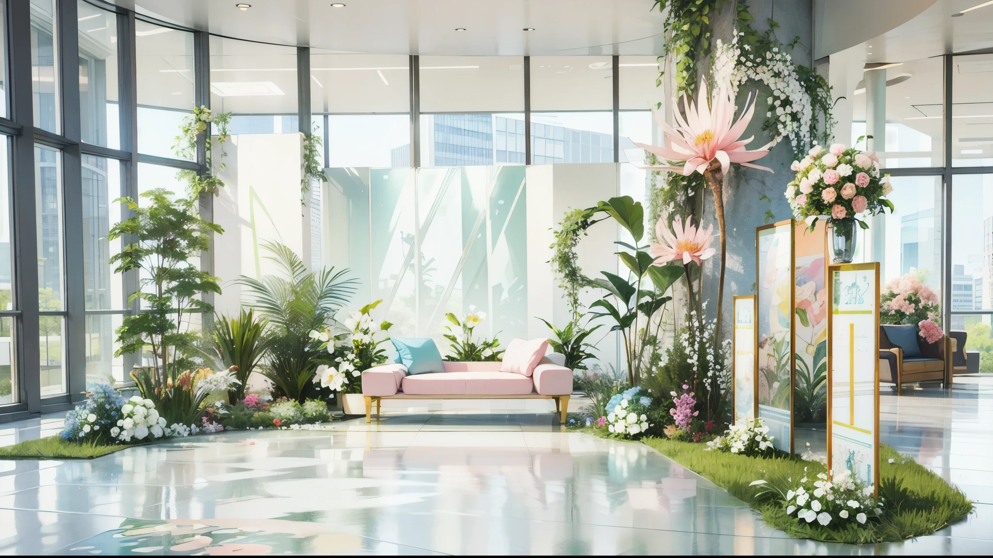 3D rendering of a floral installation art in the lobby of an office building with white walls and glass, green, watercolour, light blue-green, floor plan, sofas, arches, big pink ruffles, pillars, wedding, HD quality, high detail, very detailed, fine, architectural shots, surrealism, Unreal Engine 5