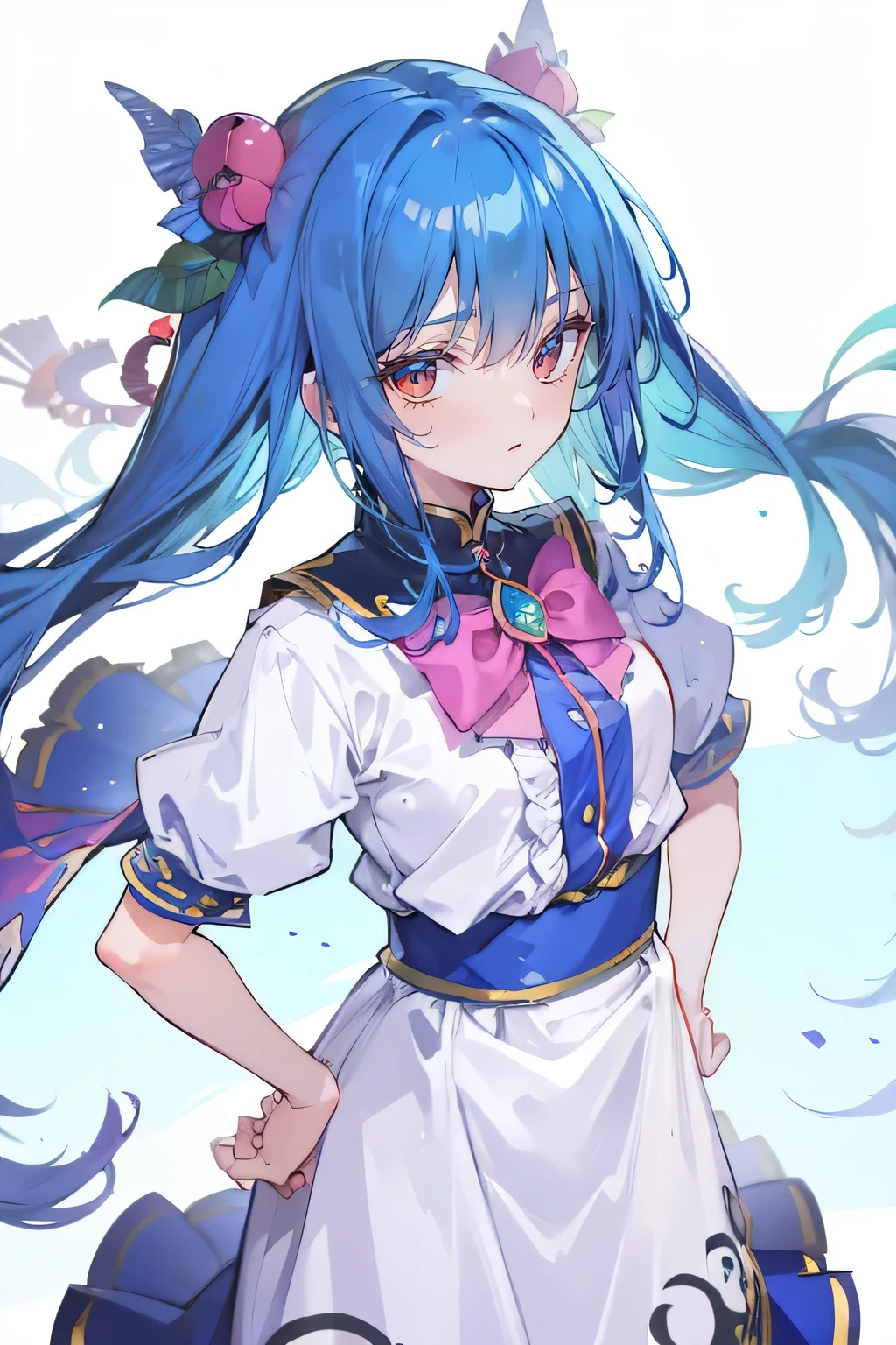 (masterpiece),best quality, expressive eyes, perfect face, 1girl,
 Put your hands on your waist,fair, Gorgeous,Japanese cartoons,girl,lola,Hina Angel, blue hair, blue haired, floating clothes,Grab your waist, Grab your waist, hands on hips , hands on hips,flat chest