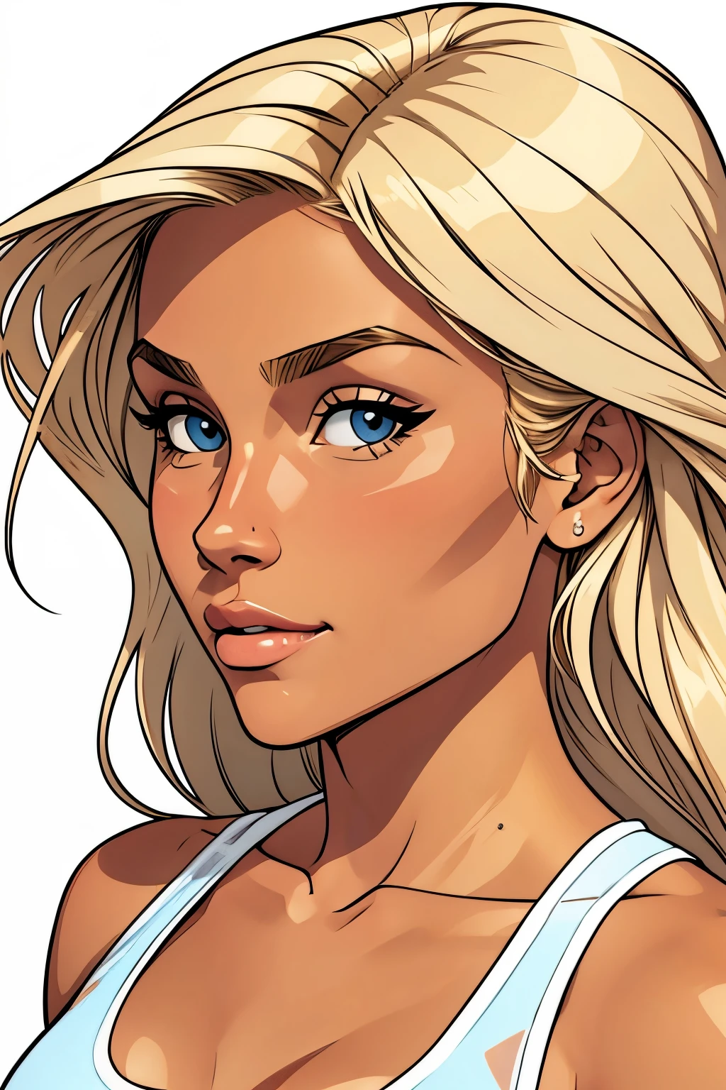 Flat colors, close up, portrait of a 25 year old surfer looking girl, tan skin, beach blonde salty hair, natural beaty, beautiful, casual, see thru tank top, Cleavage simply white background