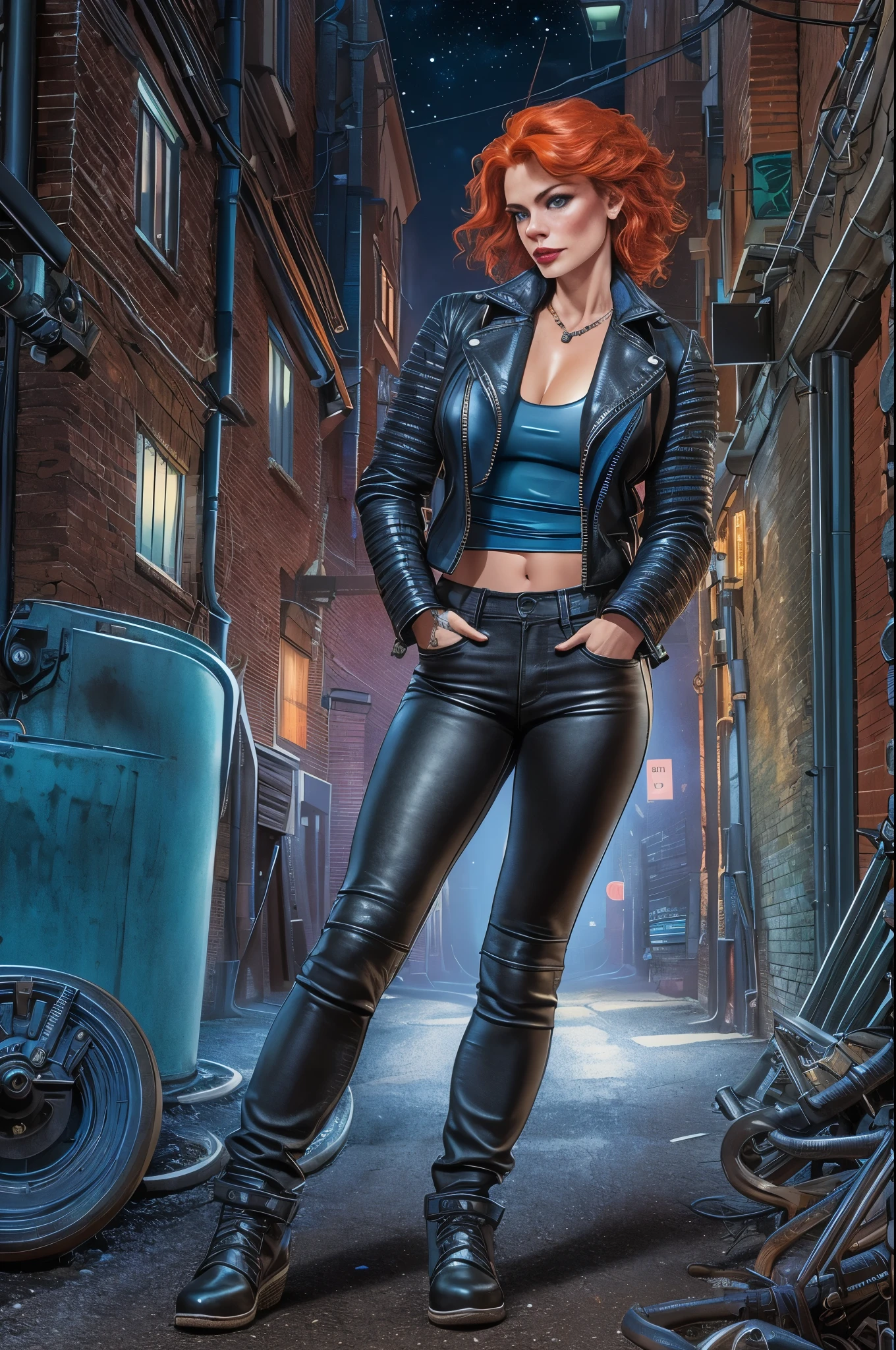 award winning photo, night, extremely detailed, amazing, fine detail, highly detailed woman, (extremely detailed eyes and face), full body, ((wide open black leather jacket)), (blue jeans), fitness, short red hair, freckles, by Frank Cho and Terry Dodson, wrist watch, (dark alley, dark night), (black heavy metal tanktop)