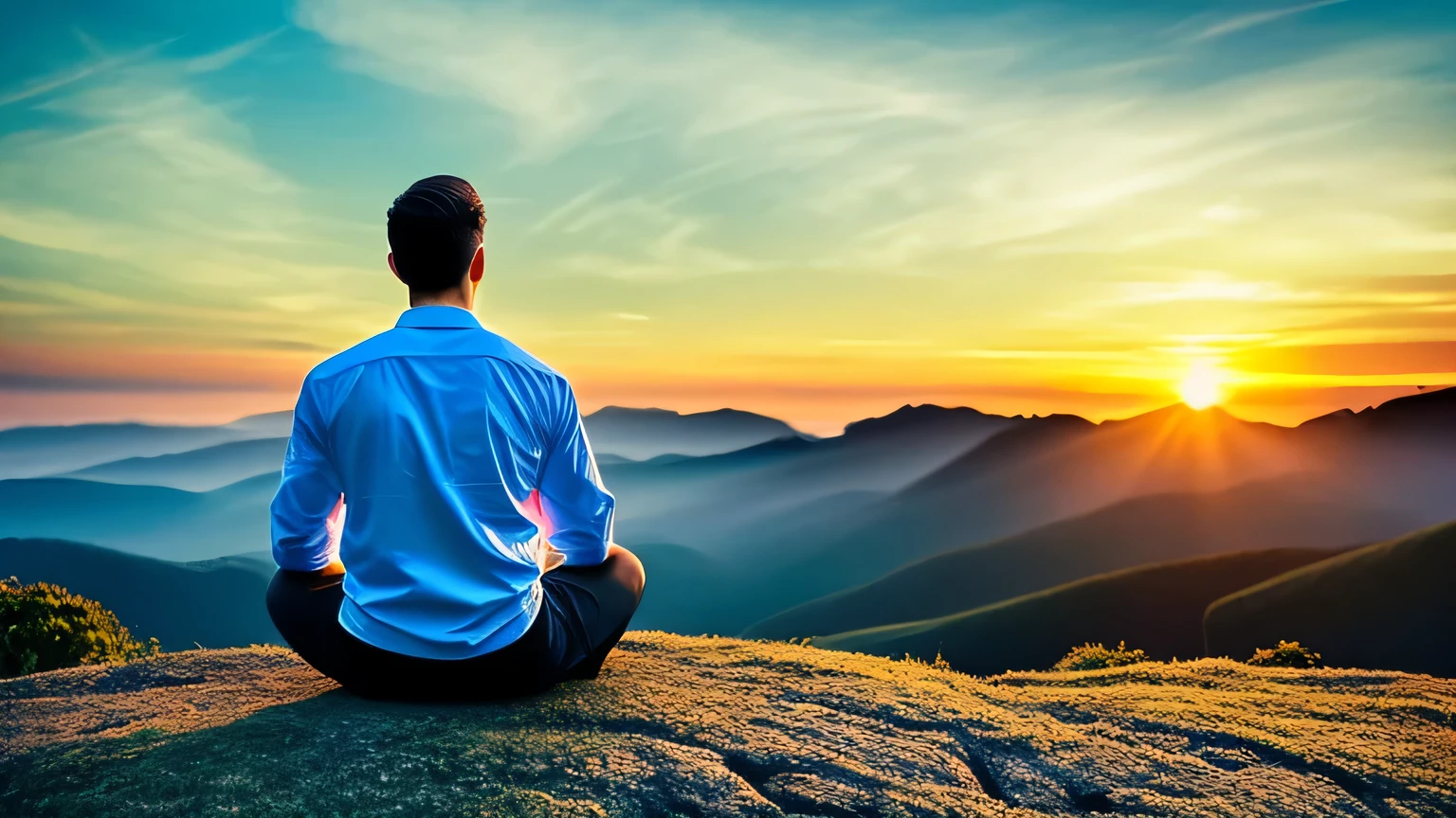 Create an image of an inspiring and motivational figure, embodying the principles of life-changing techniques and achieving goals. This masterpiece portrays a businessperson in a thoughtful, introspective pose, seeking work-life harmony and business growth. With a determined mindset and a focus on mindset mastery, productivity boost, and effective time management, they exemplify success strategies. The vibrant colors and intricate details of the image instill feelings of positivity, energy, and motivation. The scene is set against a backdrop of a serene landscape, bathed in soft, cinematic lighting that highlights the figure and their journey towards personal and professional growth.