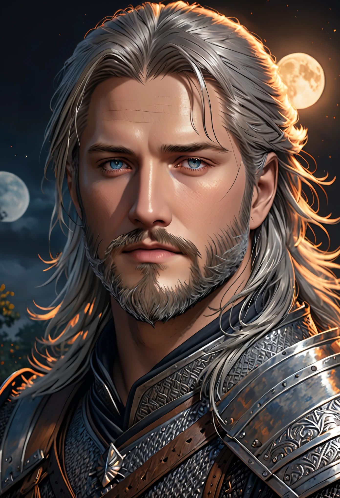 Night portrait of actor Travis Fimmel as Geralt of Rivia, his face is illuminated by the full moon, He has a beard, Model shooting style (Extremely detailed CG unified 8K), Full-frame photography of the world&#39;s most beautiful works of art, Medieval wizard armor, Professional majestic paintings by Greg Rutkowski, Popular topics on ArtStation, Trending on CGSociety, complex, Very detailed, Clear focus, dramatic, Midjourney&#39;s realism