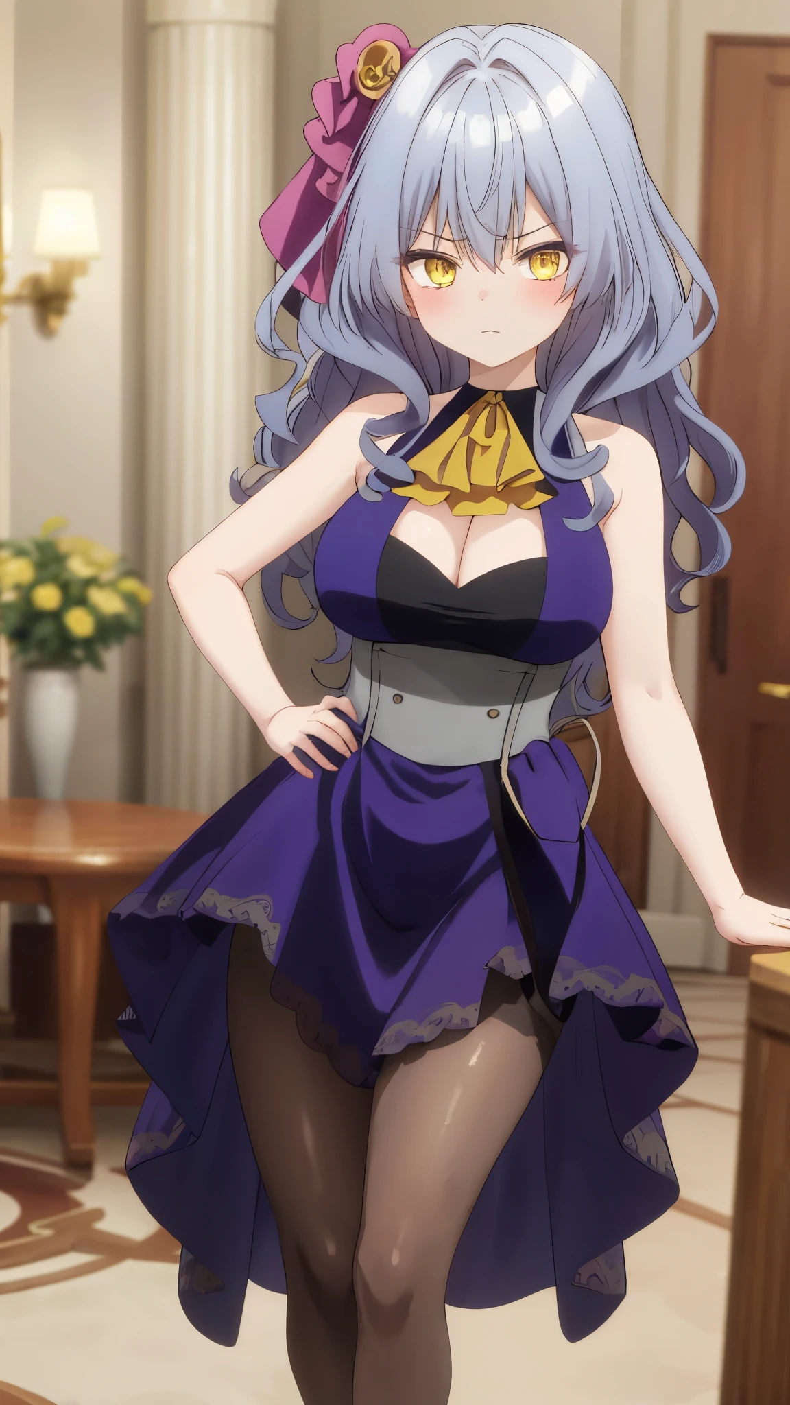 One girl with wavy hair, bangs, yellow eyes, looking at viewer, blushing, embarrassed, serious expression, indoor, living room, dress, dress, long hair, ascot, large breasts, cleavage, sleeveless dress, thigh, standing, bare legs, hands on hip, mid-chest, day atmosphere, hair ornament, medium breasts, focus, blurry background, mature female, pantyhose