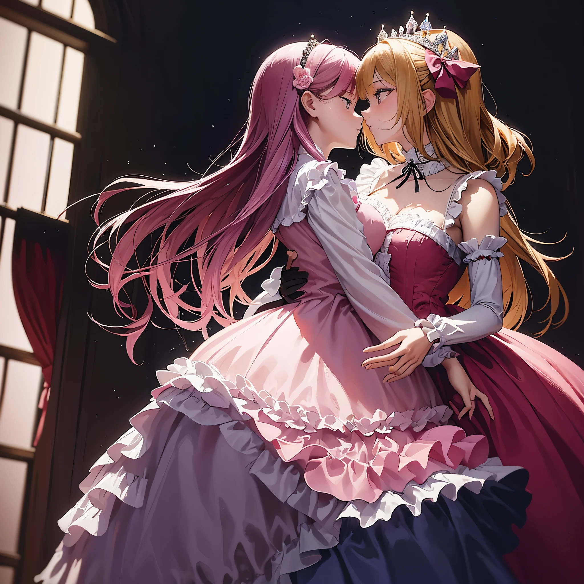 highest quality, masterpiece, highest resolution, artwork, super それにget used to it, many get used to it, get used to it, それにget used to it, woman, ,the two girls are princesses,((pink victorian voluminous ball gown dress)),long sleeve,long dress,A dress with lots of frills and ribbons...Wearing a tiara on her head,luxury,two people kiss,