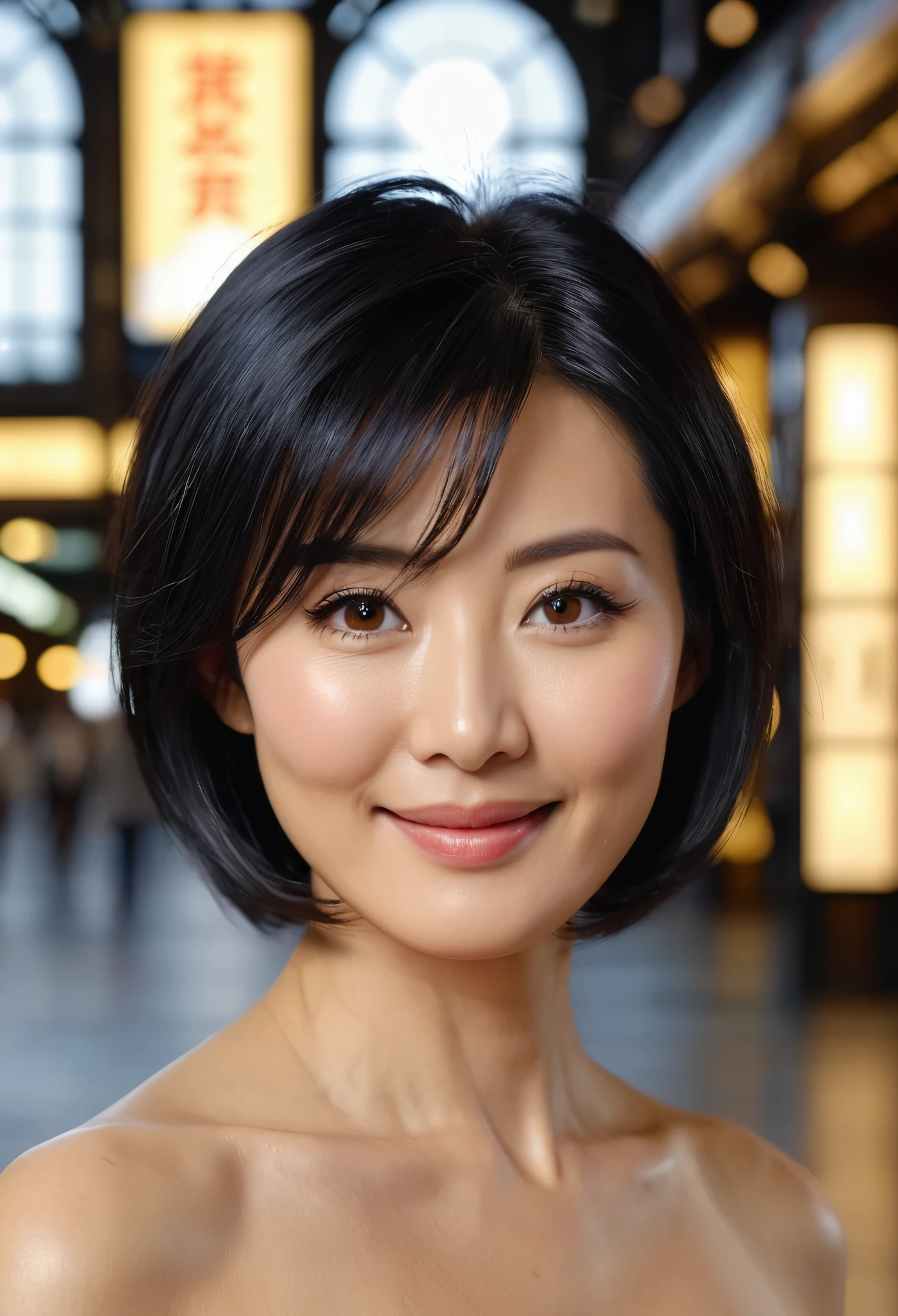 portrait, 8K, high quality, realistic photo images, 39 years old, japanese woman, proper wife, small, Reproduces natural and realistic eyes, beautiful black hair, short hair, light makeup, octane rendering, beautiful lighting, golden ratio composition, smile,Platform of Tokyo Station,Are standing、 blurred background, 4k, high quality, realistic photo images, beautiful wife, small breasts, light makeup, neat beauty, mature woman, black hair, small black eyes, background blur,naked，whole body，big breasts