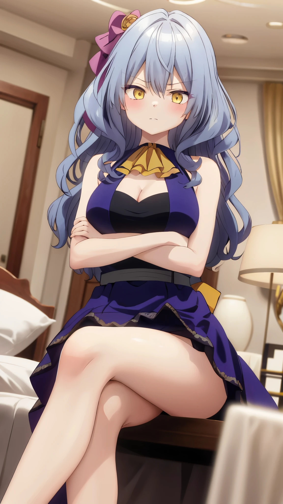 One girl with wavy hair, bangs, yellow eyes, looking at viewer, blushing, embarrassed, serious expression, indoor, bed room, dress, dress, long hair, ascot, large breasts, cleavage, sleeveless dress, thigh, sitting, crossed legs, bare legs, crossed arms, mid-chest, day atmosphere, hair ornament, medium breasts,  focus, blurry background, mature female, from below