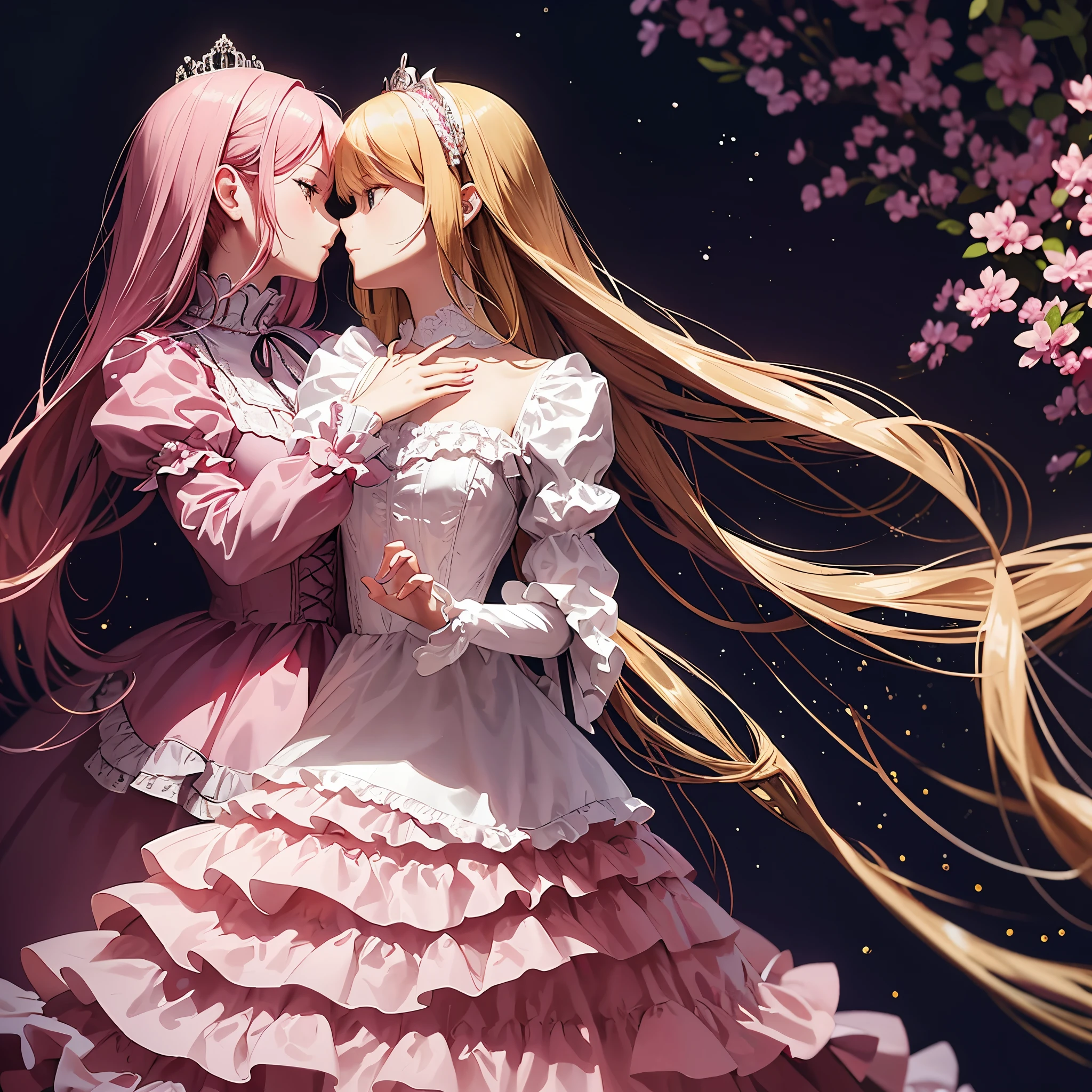 1 girl with long hair blonde in a blue dress, 2 girl pink hair in white dress, kissing, In the woods