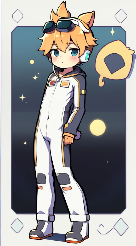 2D boy Shota，Siamese spacesuit，Slim, healthy body，Put the headphones on your head，stand up，goggles，rabbit ears