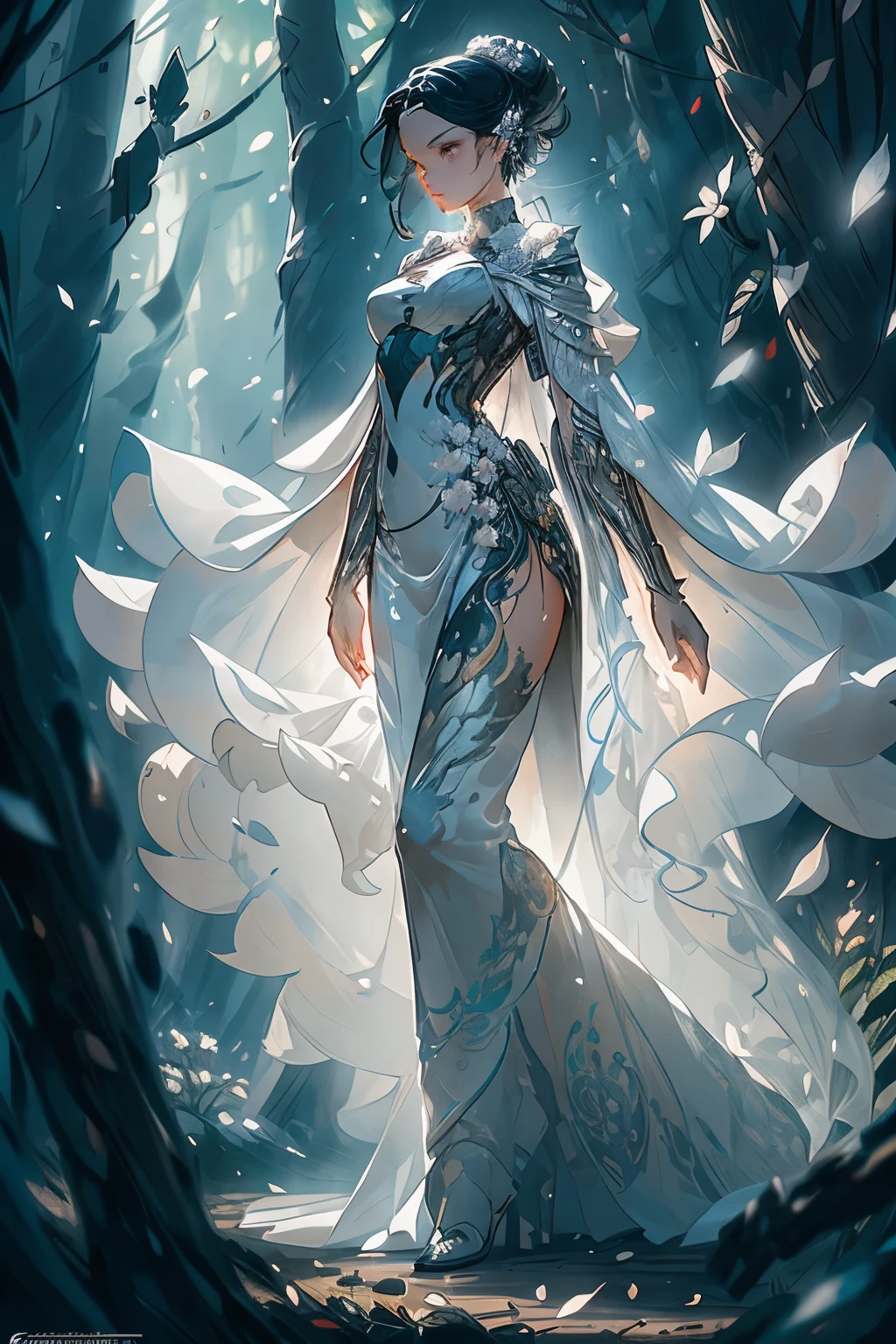 In the heart of a serene European forest, a rogue thief, with a body sculpted to perfection at a scale of 1.6, is captured in a walking pose, her every move rendered in slow motion. The intricately layered stitching of her white silk cloak sways with each step, revealing an exquisitely patterned undergarment beneath. The flowers that adorn her surroundings, with petals petals as detailed and lifelike as those in the masterpieces of Alessandro Casagrande, Greg Rutkowski, Sally Mann, and concept artists such as Jeremy Mann, Sandra Chevrier, and Maciej Kuciara, all bask in