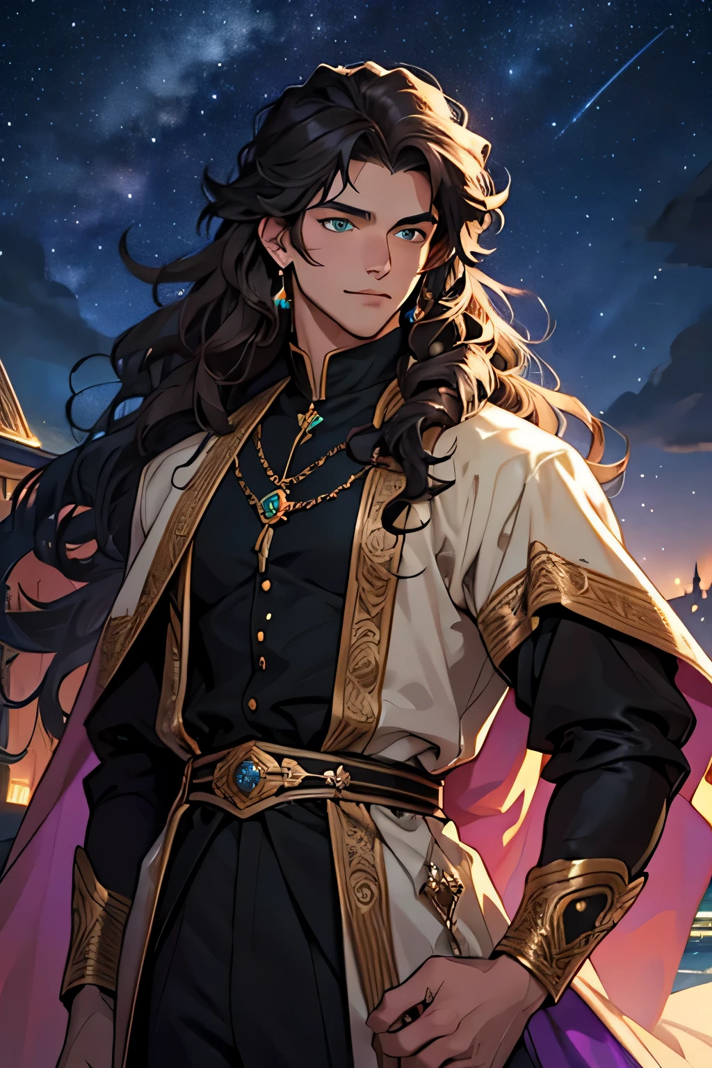 a 20 year old man, young, a prince, royalty, blue, purple, brown long curly hair, man's long curly hair, without a beard, without a goatee, black clothes, jewelry, sparkling, night sky, night time, stars, beautiful man, green eyes,