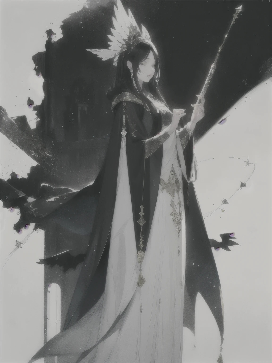 ((whole body)),ink sketch, cancer 19 sisters, woman, white costume, 8K, Super detailed, long black hair、Diva、Siren,In the city、black cloak、flute、lute