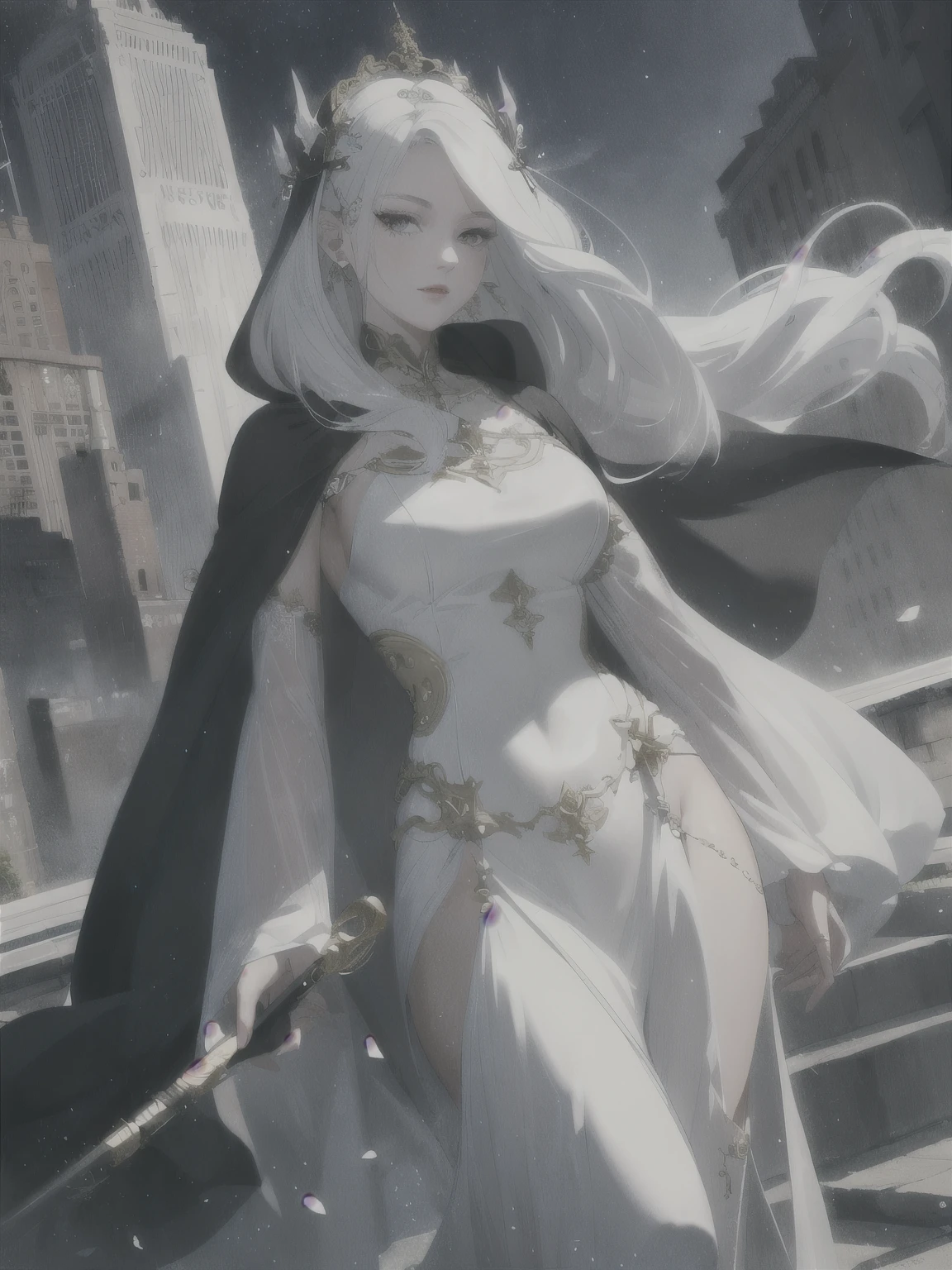 ((whole body)),ink sketch, cancer 19 sisters, woman, white costume, 8K, Super detailed, long black hair、Diva、Siren,In the city、black cloak、flute、lute