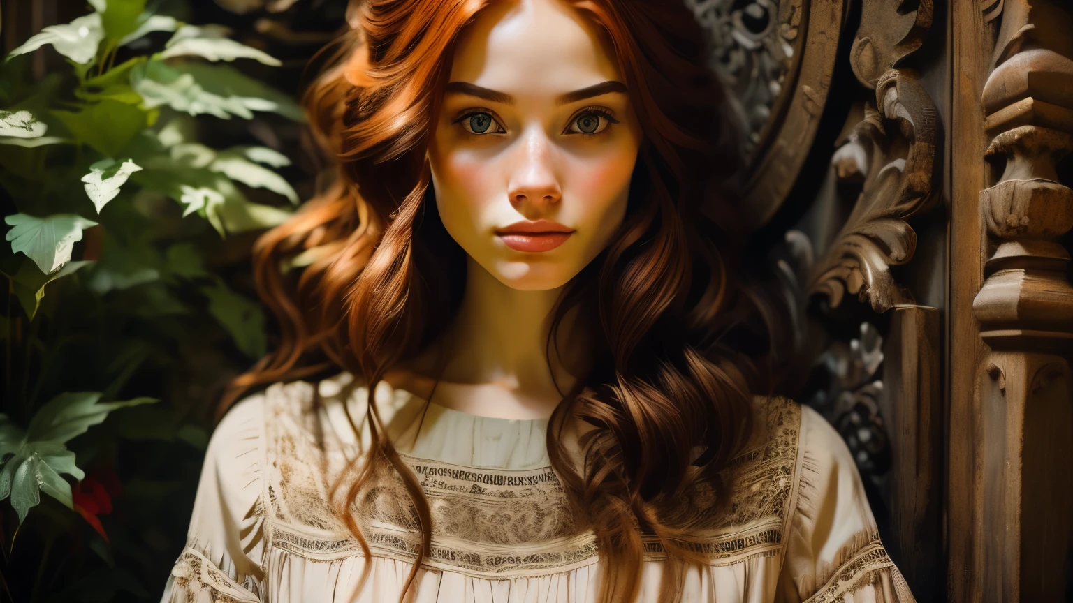 A photorealistic portrait in the Baroque style, of an angelically beautiful 30-year-old woman sitting half-turned, with an expression of deep calm on her face, detailed features of a pale face with freckles, with luxurious red hair, dressed in boho clothes. Harmonious purple and green shades, the background is simple neutral, with a pronounced texture with irregularities and cracks, Rembrandt light, Dramatic film, styles of photographer Alessio Albi, Ultra realistic photography, high resolution