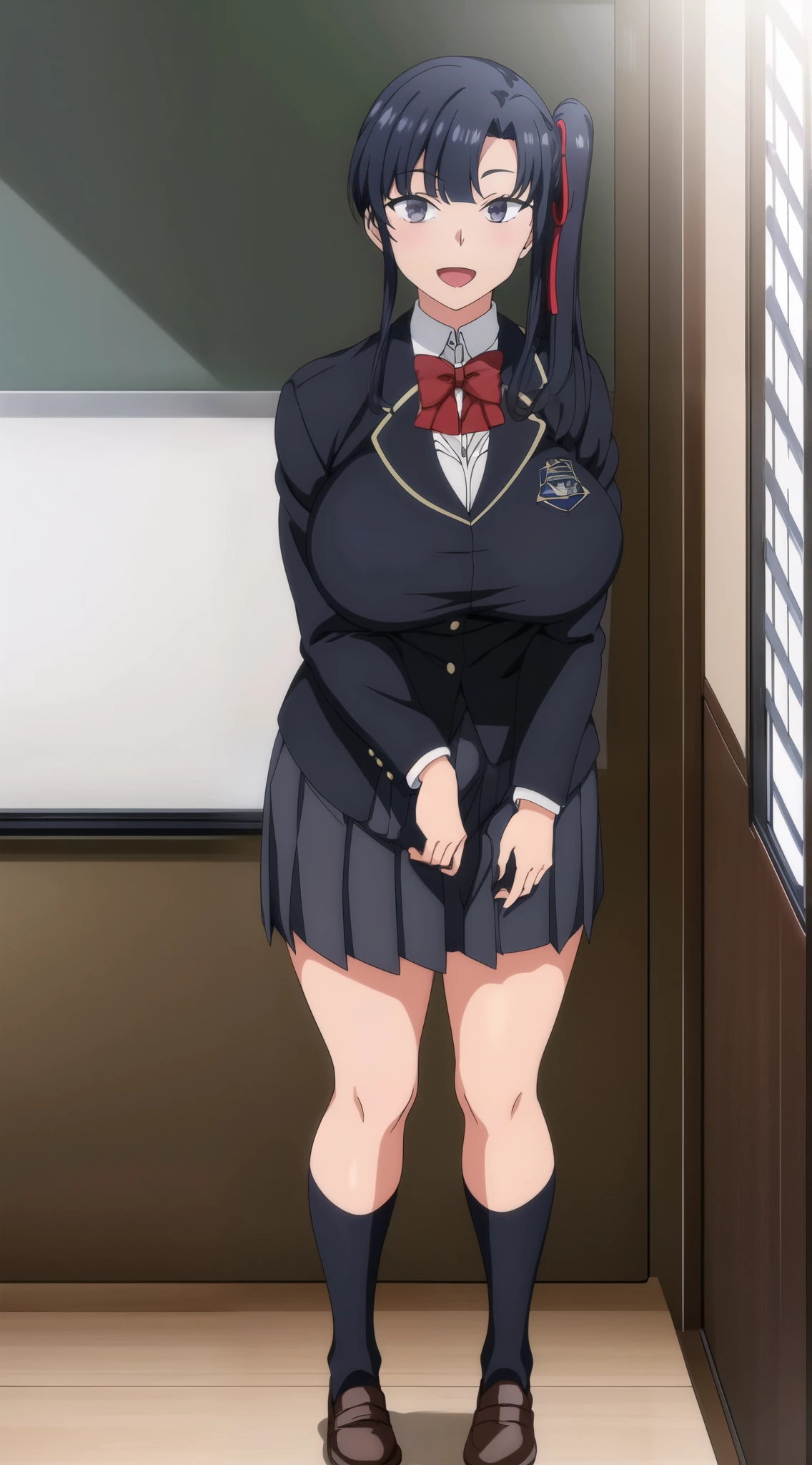 1girl, solo, school_uniform, blue_jacket, red_bowtie, pleated_skirt, grey_skirt, black_socks, black_hair, big_breasts, hair_ribbon, side_ponytail, anime_screencap, standing, smile, portrait, classroom, hand_raised, looking_at_viewer; :d