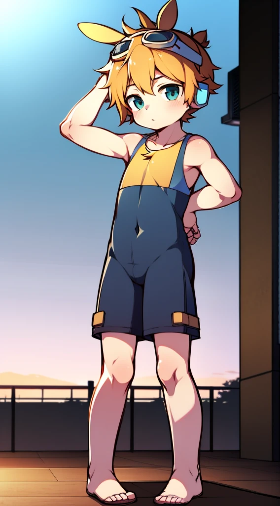 2D boy Shota,One-piece pajamas,Slim, healthy body,Put the headphones on your head,stand up,goggles,rabbit ears