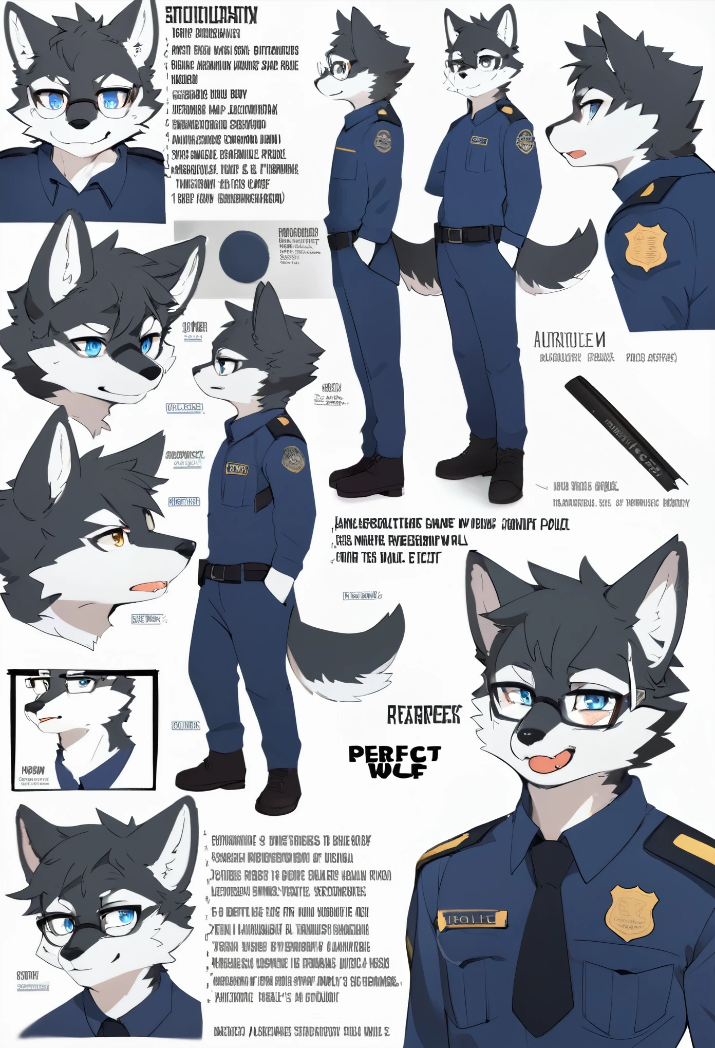 highres, top quality, best quality, paid reward available, High-quality illustrations, unparalleled masterpiece, perfect artwork, absurdres, perfect anatomy, standing kemono boy, three view drawing, front and side and back, character sheet, character design police man!!, anime character, glasses, facial expressions, Detailed description of character, text, Transform wolf, Collection of setting materials,