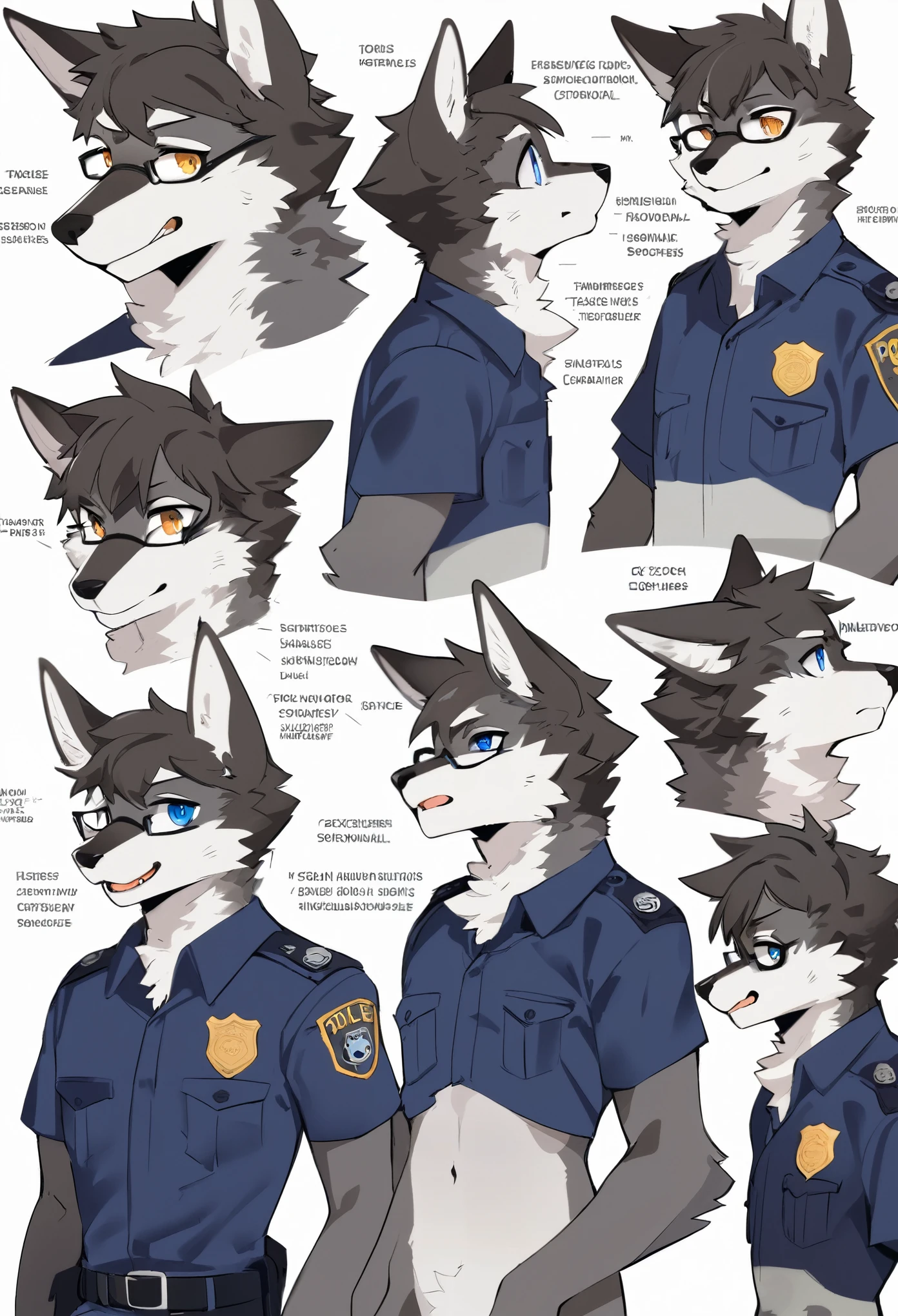 highres, top quality, best quality, paid reward available, High-quality illustrations, unparalleled masterpiece, perfect artwork, absurdres, perfect anatomy, standing kemono boy, three view drawing, front and side and back, character sheet, character design police man!!, anime character, glasses, facial expressions, Detailed description of character, text, Transform wolf, Collection of setting materials,