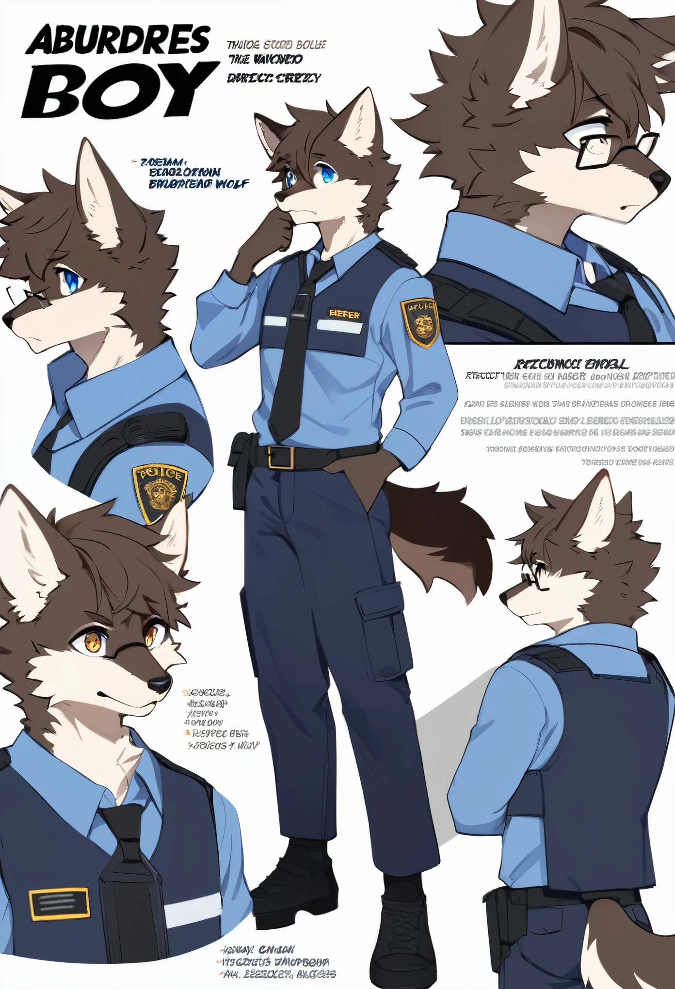 highres, top quality, best quality, paid reward available, High-quality illustrations, unparalleled masterpiece, perfect artwork, absurdres, perfect anatomy, standing kemono boy, three view drawing, front and side and back, character sheet, character design police man!!, anime character, glasses, facial expressions, Detailed description of character, text, Transform wolf, Collection of setting materials,
