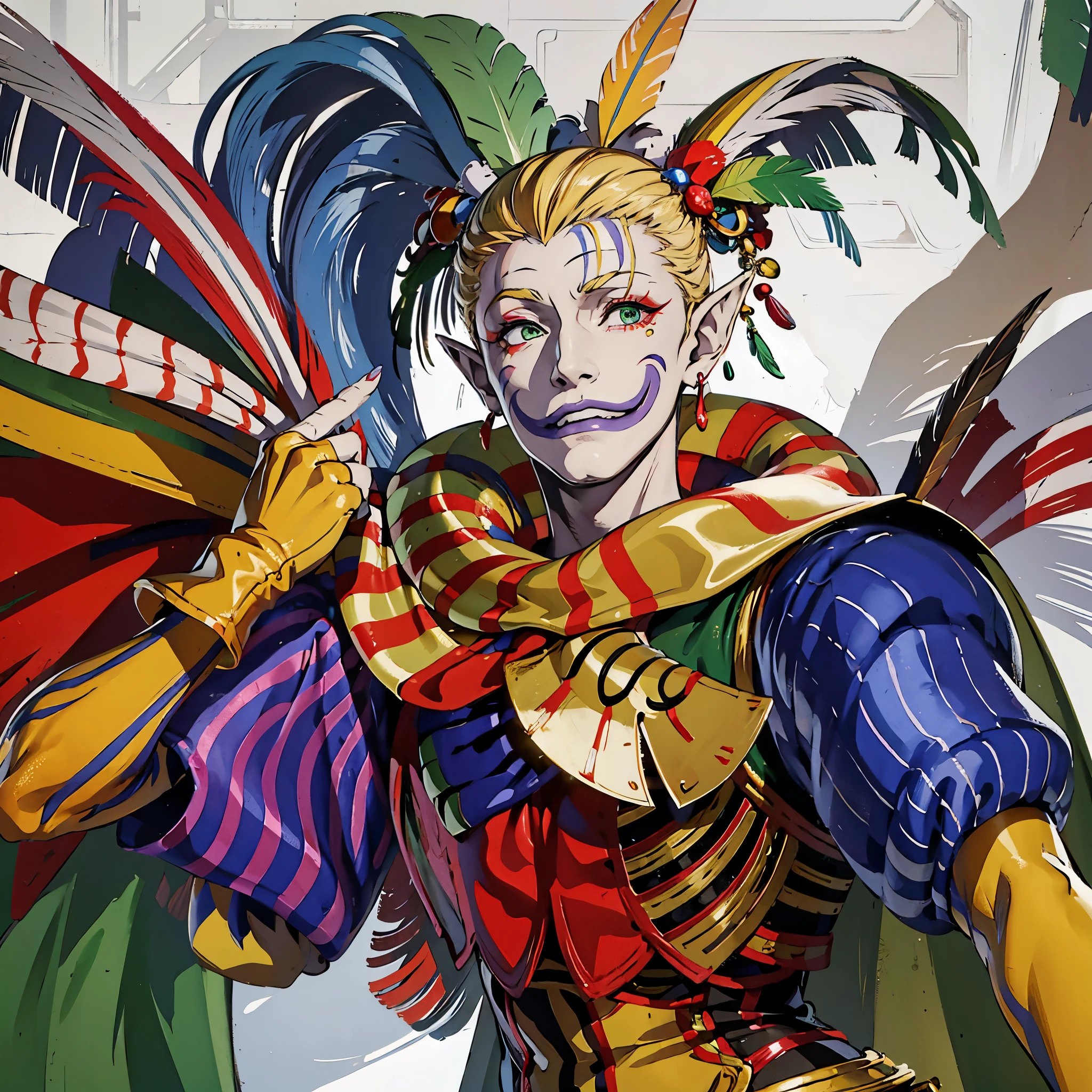 (masterpiece, best quality:1.2,simple background,white background),1boy,solo,kefka \(final fantasy\), blonde hair, jester, green eyes,facepaint, multicolored clothes, stiped collar, (cape:1.1), (feather hair ornament:1.3), hair ornament, earrings, purple lipstick, puffy sleeves, striped scarf, fingerless gloves, long nail, skipping, crazy, pointy ear, evil grin, white face, makeup, looking at viewer,Make it into an anime picture with natural colors、Closer to the anime picture、Do not change details or composition、The expression is a smile