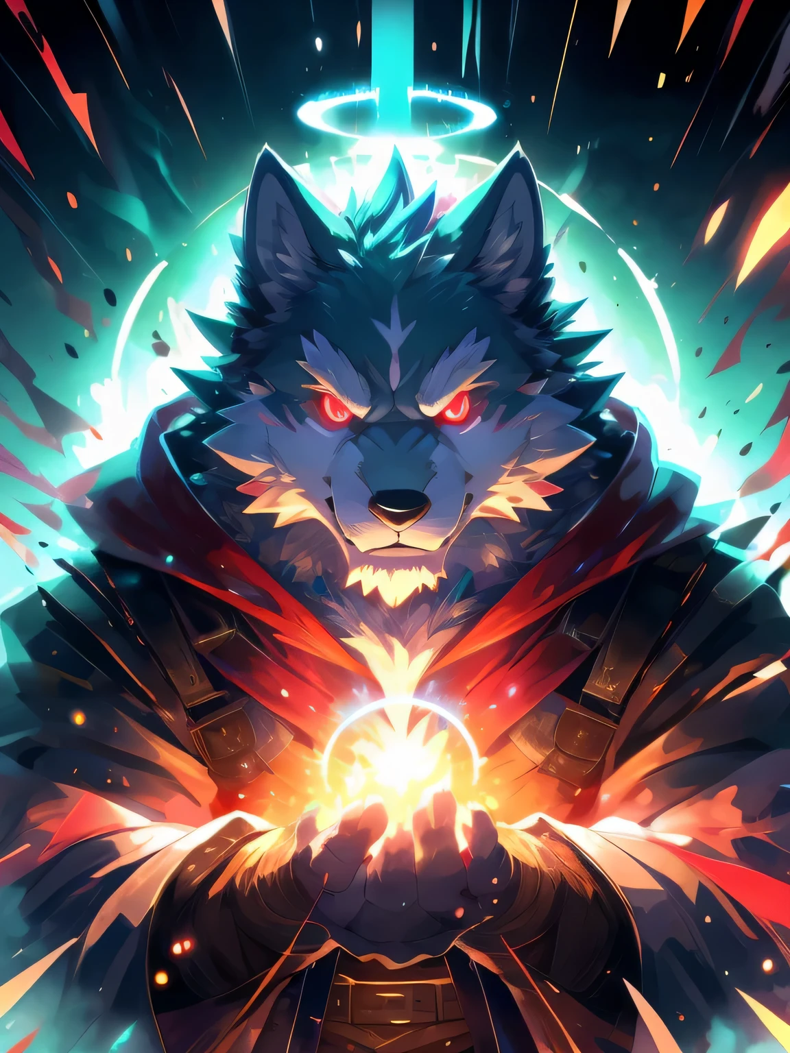 (dynamic poses:1.6), (ultra deTailed), sharp focus, Negi, eyes, (glowing red eyes:1.4), hairy, (cyan fur:1.3), White beard, Humanity (Wolf), male, juvenile, white belly, Tail, muscular, (knight clothing, red cherry long cloak), ultra deTailed face, high deTails, high quality, (best quality,4K,8K,high resolution,masterpiece:1.2),bright colors, (close up:1.5), author：Arashi Takemoto, by Camille, By Ruhu1145, by 69panda, Dark Souls boss style, The energy around the body cracks,(red halo:1.3),bloodstained,dynamic lighting,ominous atmosphere,Eerie fog,threatening presence,Full of horror atmosphere,dark and tortured soul, (enchanted deTail of colors), 8K wallpaper, yang08K, Looking at the audience with fierce eyes