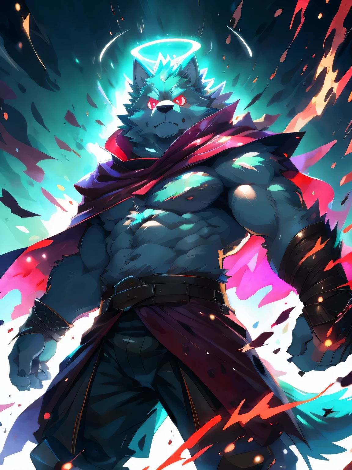 (dynamic poses:1.6), (ultra deTailed), sharp focus, Negi, eyes, (glowing red eyes:1.4), hairy, (cyan fur:1.3), White beard, Humanity (Wolf), male, juvenile, white belly, Tail, muscular, (knight clothing, red cherry long cloak), ultra deTailed face, high deTails, high quality, (best quality,4K,8K,high resolution,masterpiece:1.2),bright colors, (close up:1.5), author：Arashi Takemoto, by Camille, By Ruhu1145, by 69panda, Dark Souls boss style, The energy around the body cracks,(red halo:1.3),bloodstained,dynamic lighting,ominous atmosphere,Eerie fog,threatening presence,Full of horror atmosphere,dark and tortured soul, (enchanted deTail of colors), 8K wallpaper, yang08K, Looking at the audience with fierce eyes