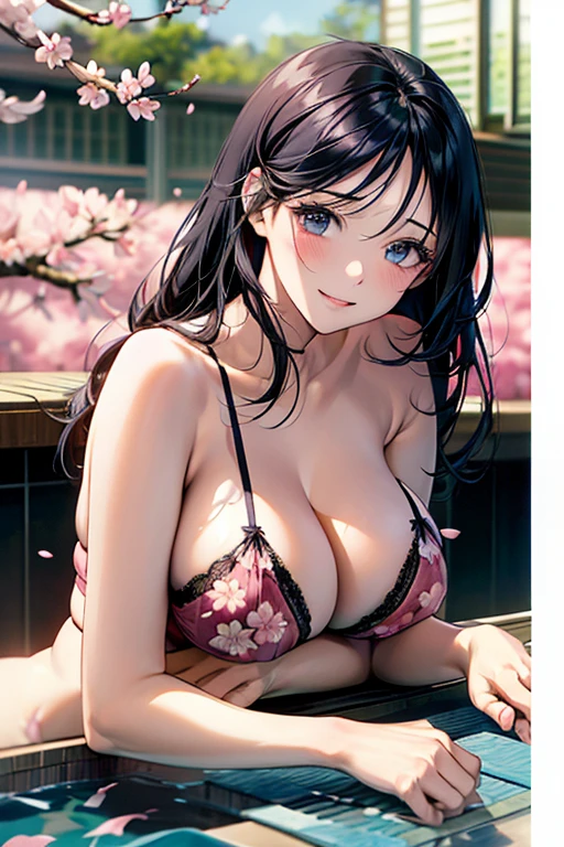 Black hair, long hair, blue eyes, sexy, large breasts, beautiful body, masterpiece, smile, ((Cherry blossom print lingerie)), sexy lingerie, hotel swimming pool,busty, buxom, curvy, voluptuous