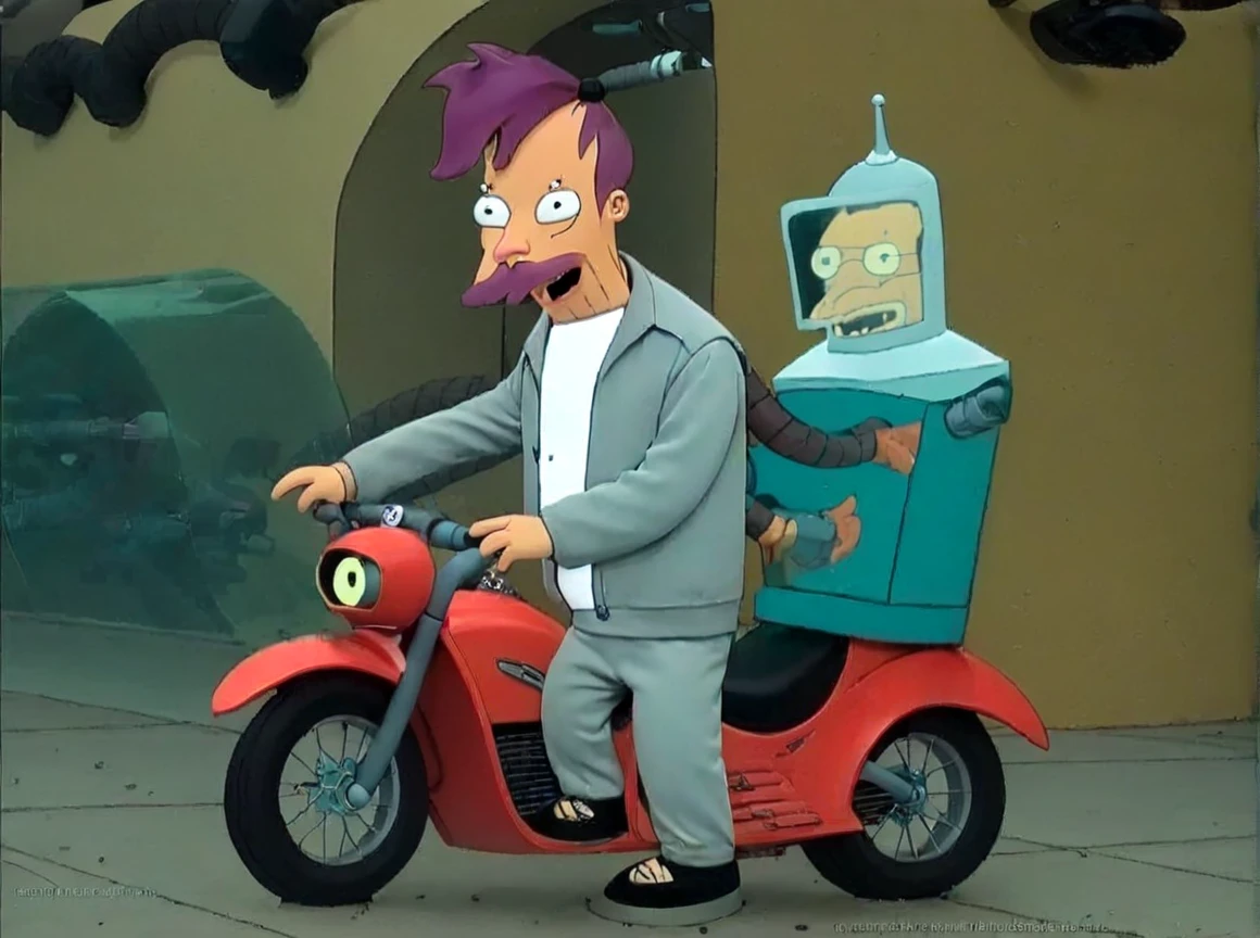 Scruffy the Janitor riding Motorcycle on Jacksonville Florida, Gray Mustache, Maroon Cap, Blue Tracksuit, Art of Hellper and Futurama, Futurama Style 