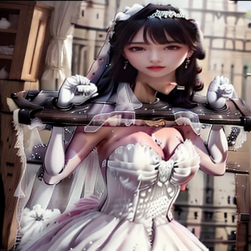 Close-up of a beautiful bride in a beautiful wedding dress, Gerwitz,(pillory:1.5), (frailty:1.2), frailty on the head, frailty on the hands,(bridal veil: 1.5), (transparent short veil: 1.5), flushed face, flower head, tiara, very elaborate princess wedding dress,(tube wedding dress: 1.5), (silk dress: 1.2 ), (strapless wedding dress: 1.5), (floor length skirt:1.2), pure white dress,white long skirt, necklace, earrings, (huge breasts: 1.3), Deep V Sweetheart Neck Wedding Dress, bangs, lipstick, (lace gloves: 1.3), High detail RAW color art,