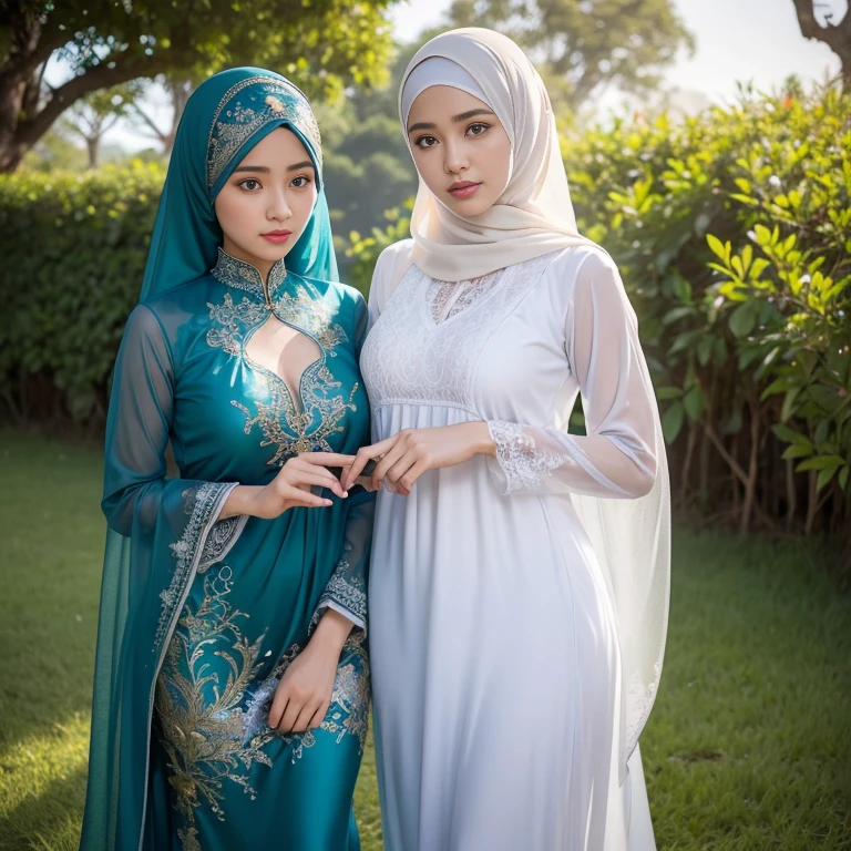 half body, beautiful muslimah girls, wearing traditional transparent silk baju kurung, ultra-detailed, detailed faces, detailed skins, 8k masterpieces, cinematic lighting, firm push-up bosom, voluptuous bosom, slim and slender body, long hijab, eid mubarak, in malay village, in the meadow
